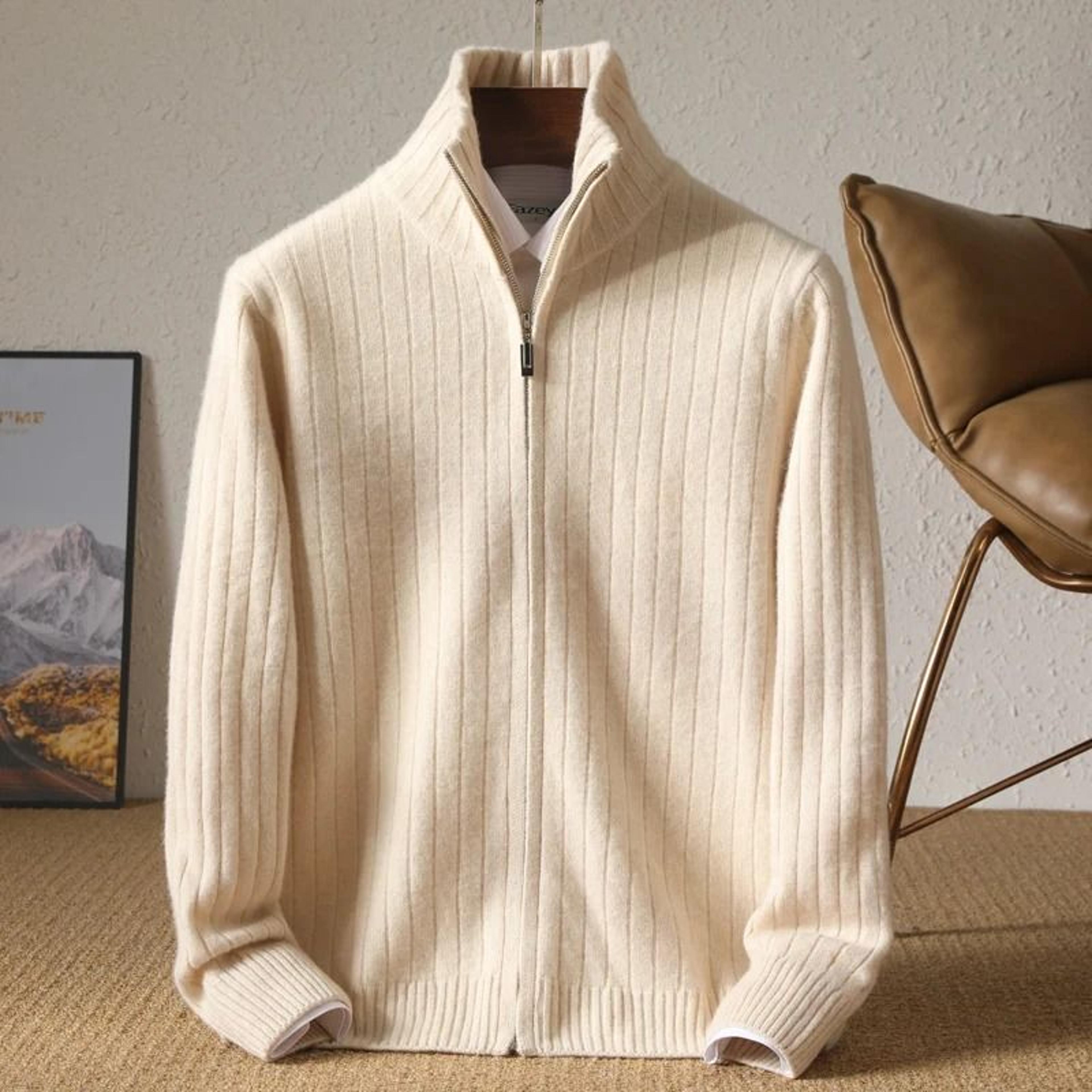 men 100 percent merino wool stand up collar cardigan zipper coat