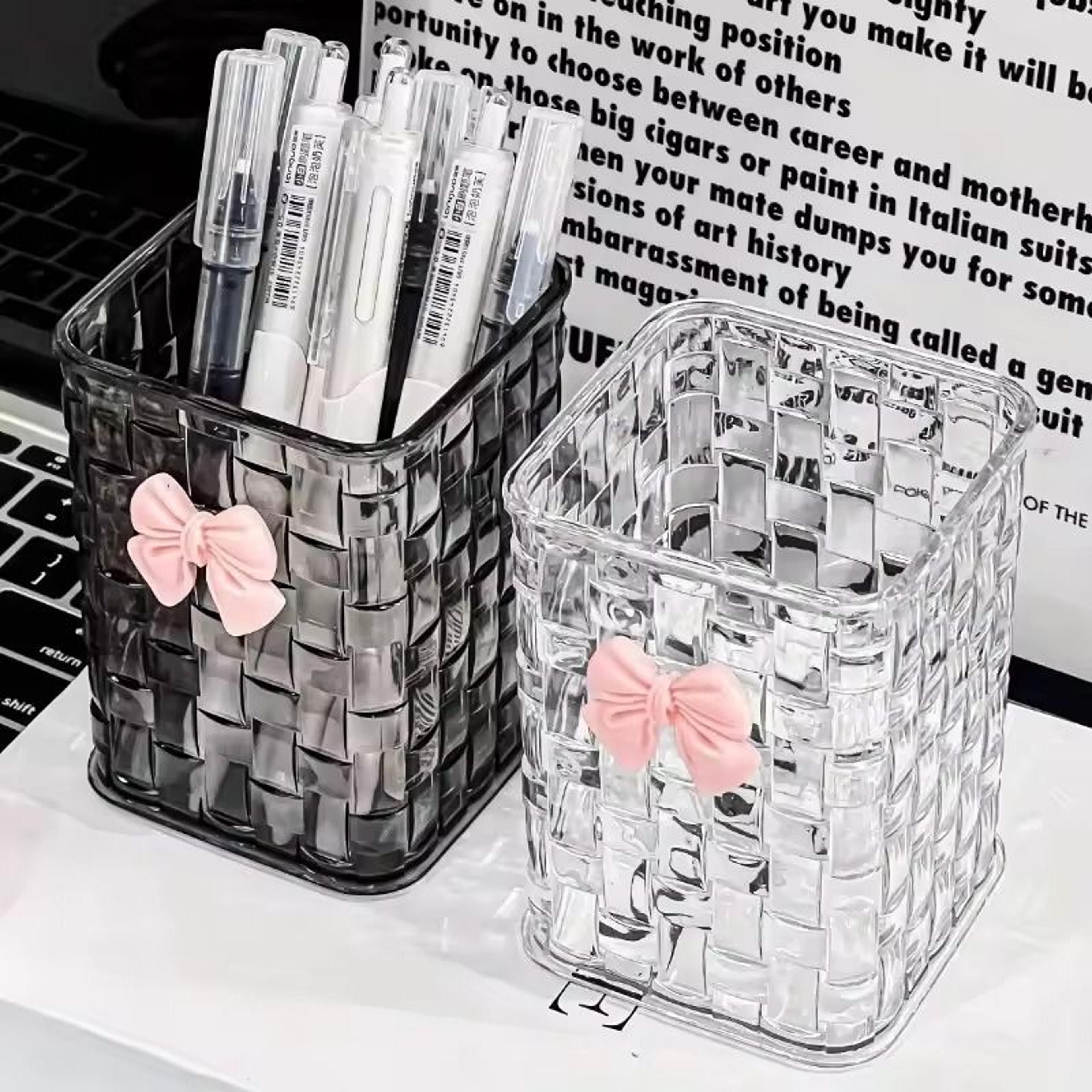 clear acrylic desk organizer with bow accent pen holder and storage basket for office supplies