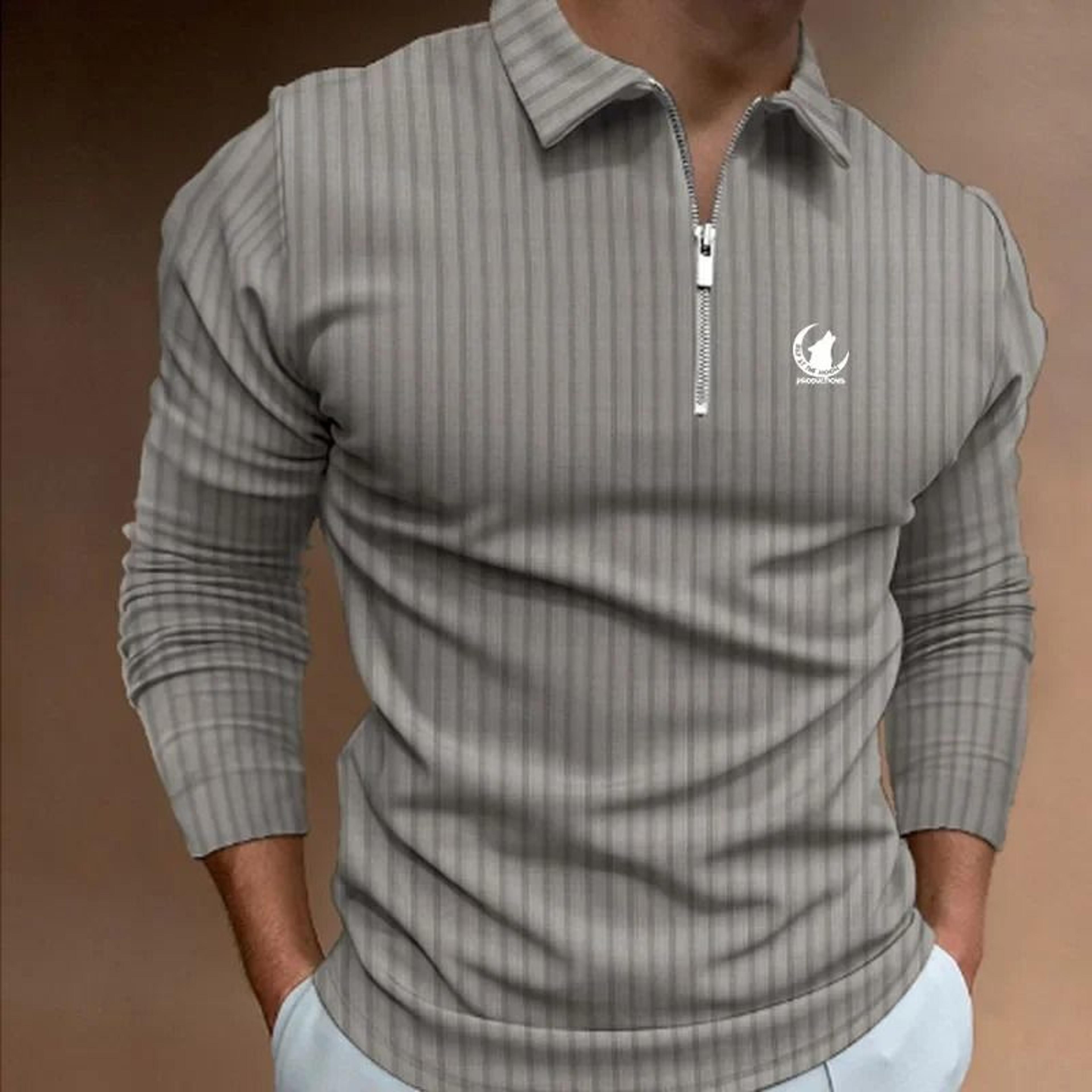 long sleeve zipper stripe polo shirt for men