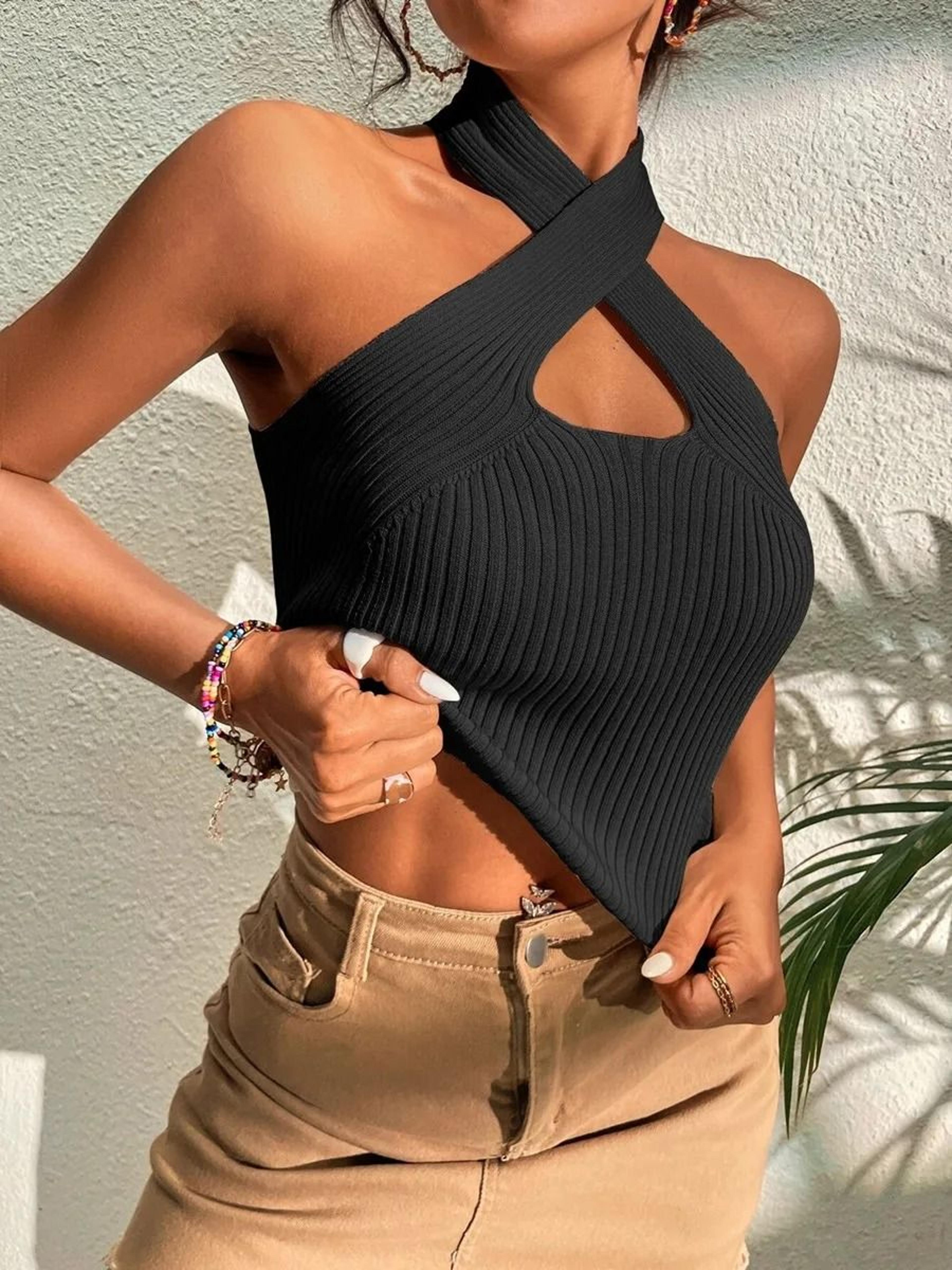 women ribbed knit criss cross halter crop top