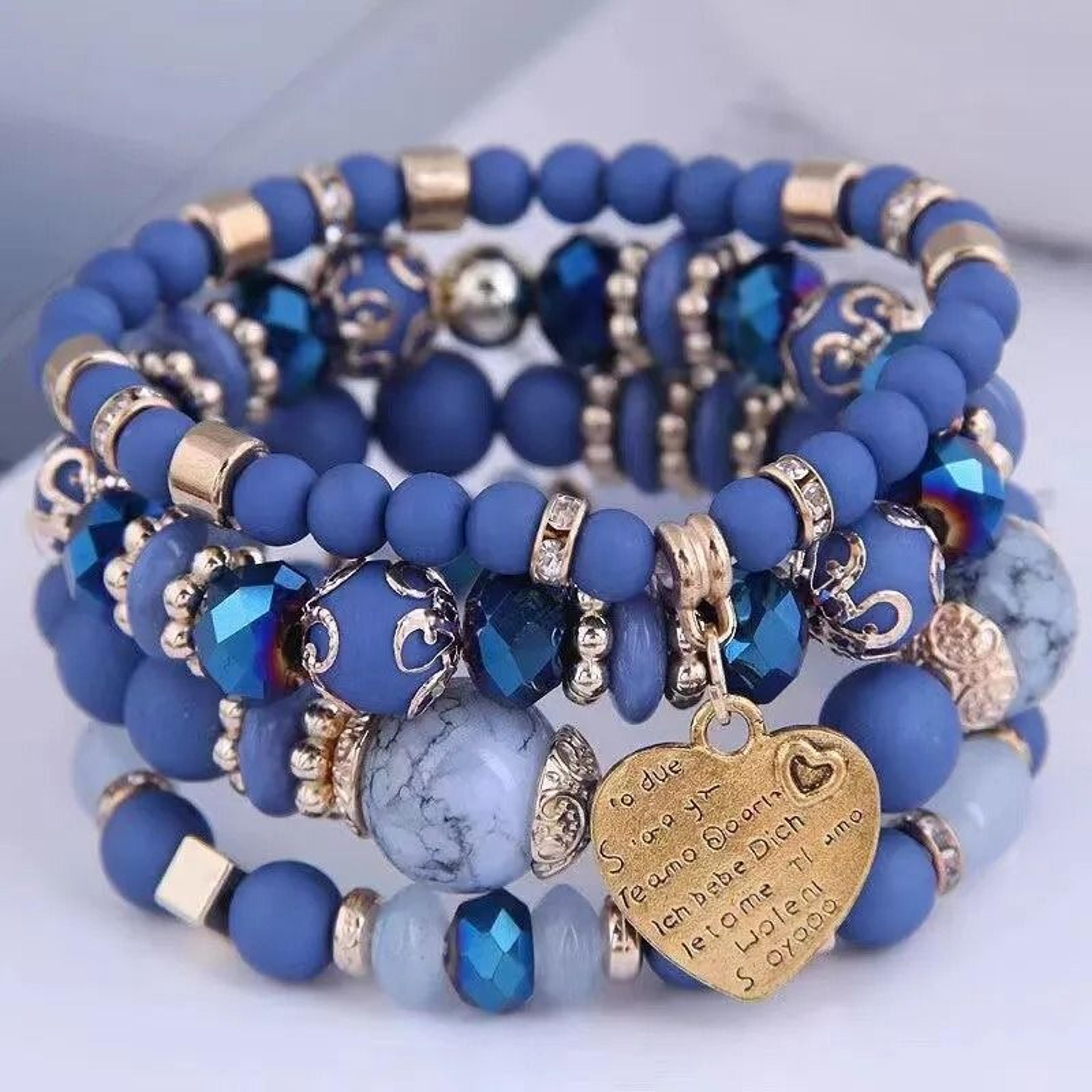 women boho crystal beads strand bracelet set 4-piece elastic stackable bangles