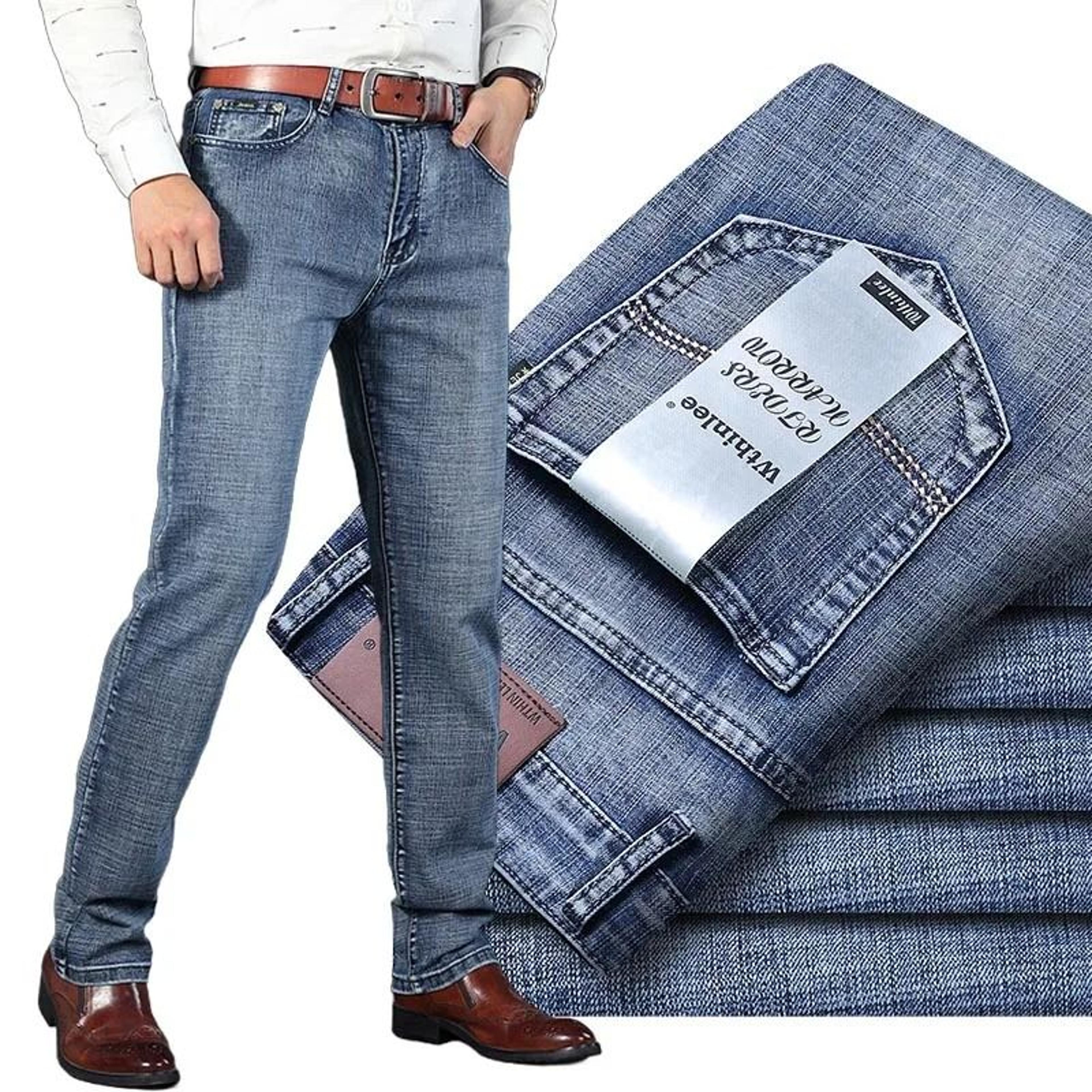 men high quality business casual jeans classic straight fit denim pants