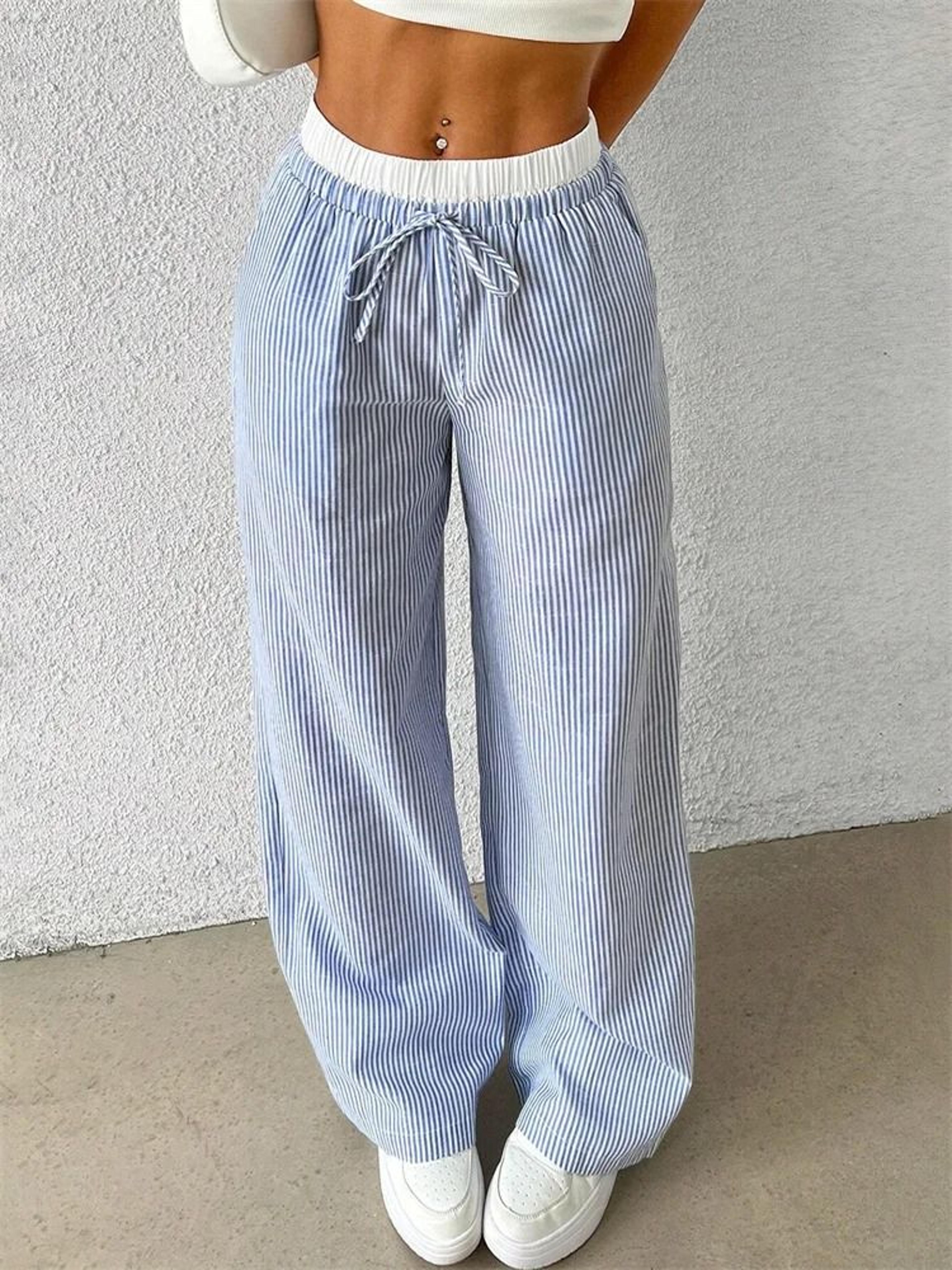womens casual striped woven wide leg pants fall winter 2024 stylish full length trousers