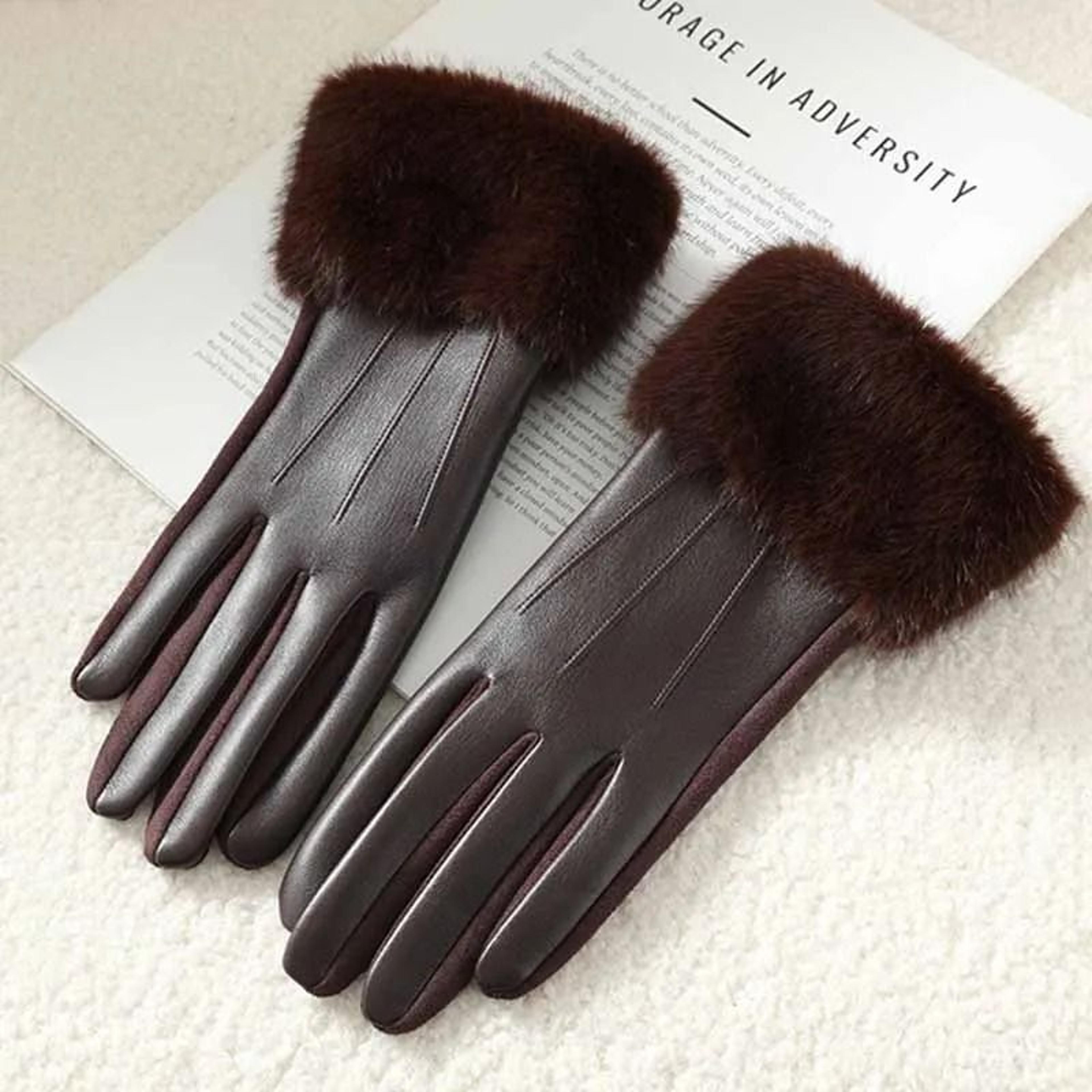 winter women pu leather gloves faux fur cuff touch screen