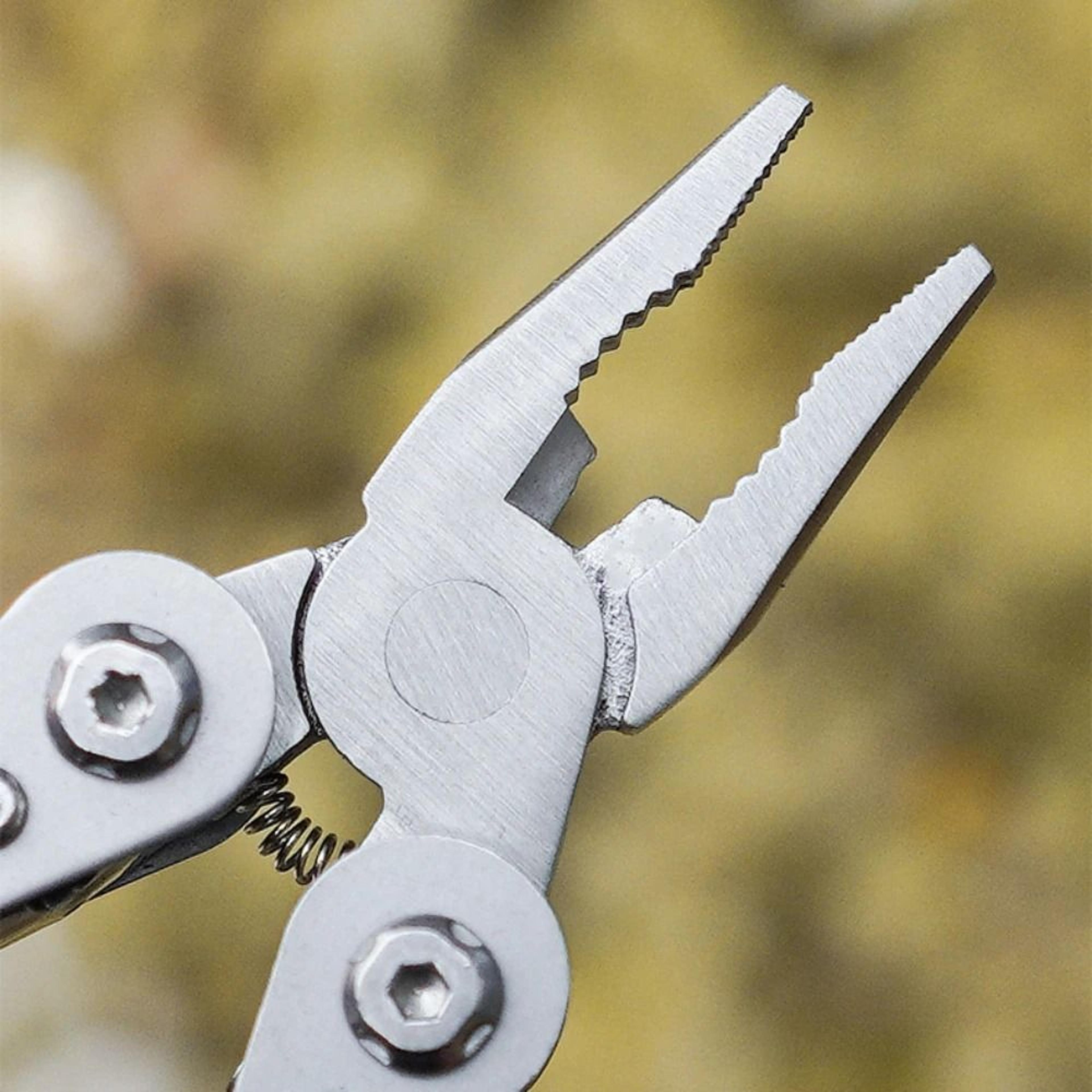 compact stainless steel folding multitool pliers with keychain