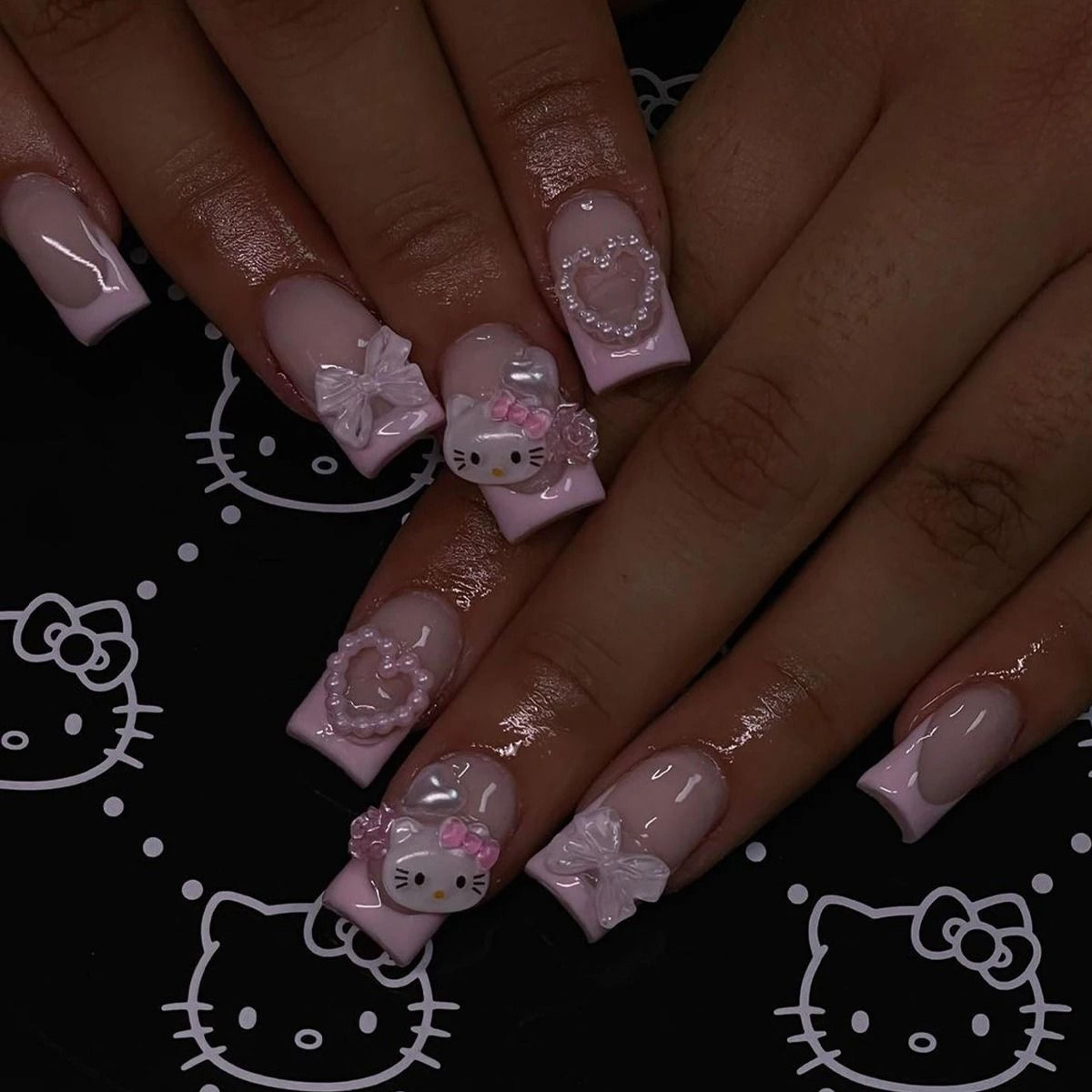 medium square pink french cartoon cat camellia press-on nail set