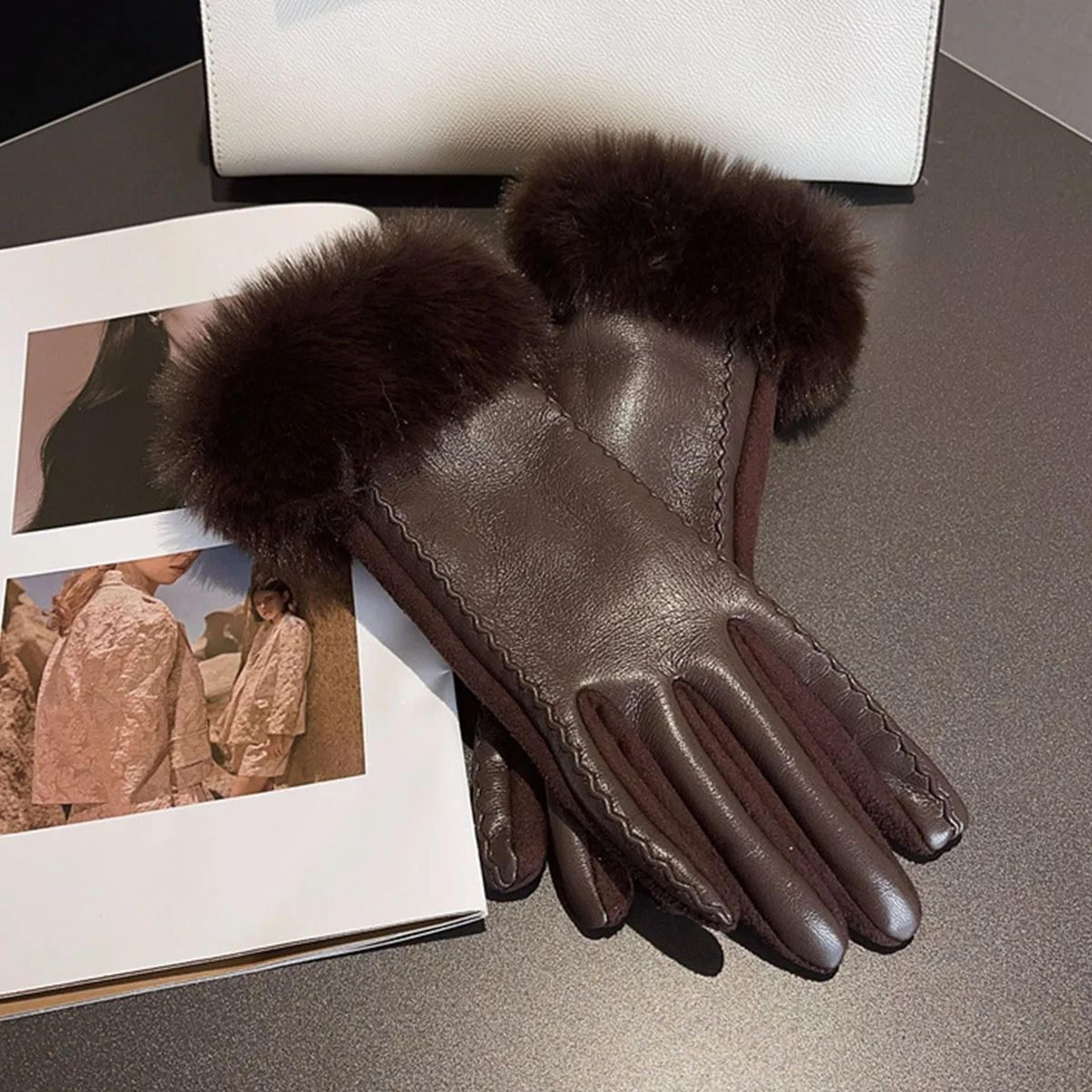 women pu leather gloves for cold weather with faux fur trim
