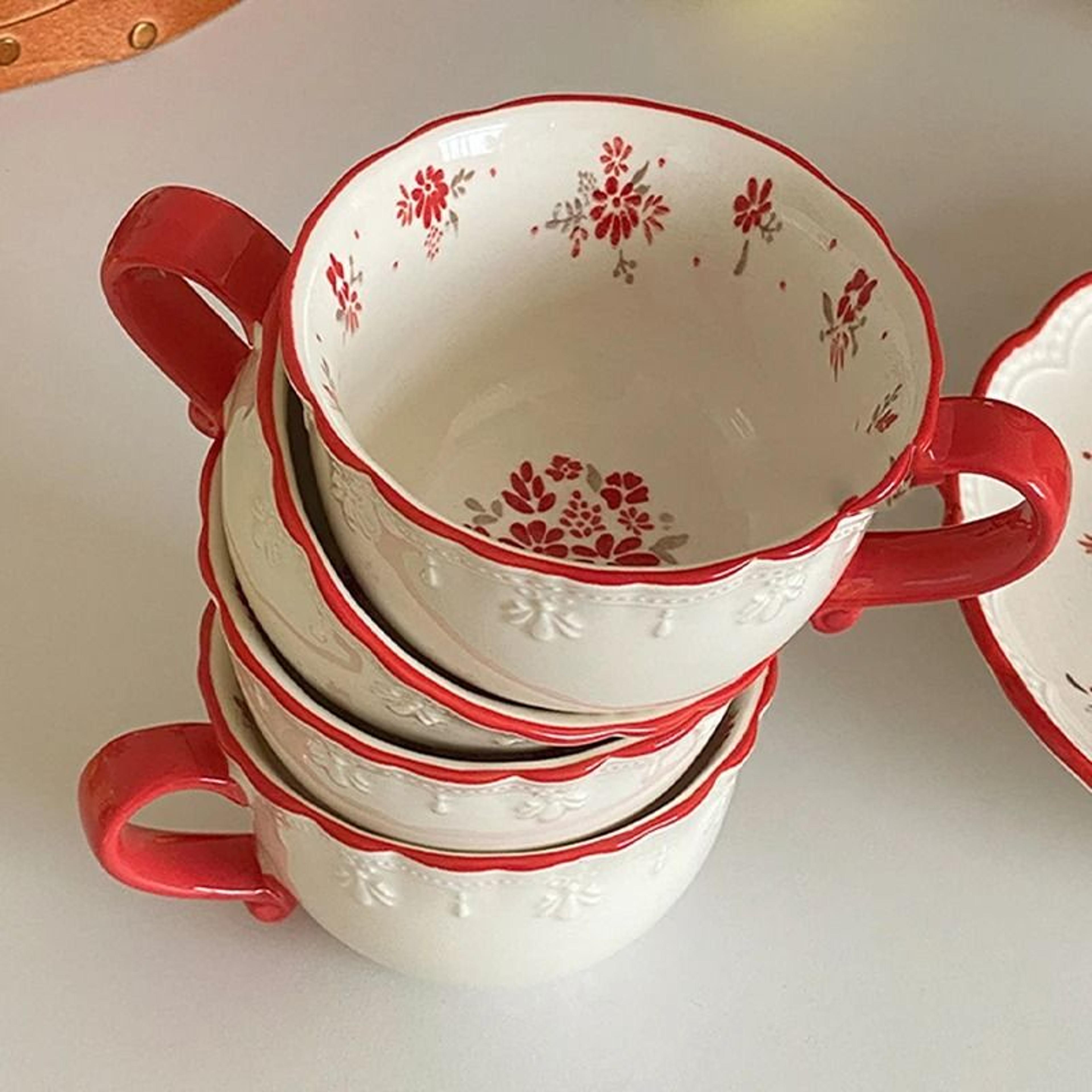 vintage red floral lace ceramic coffee cup