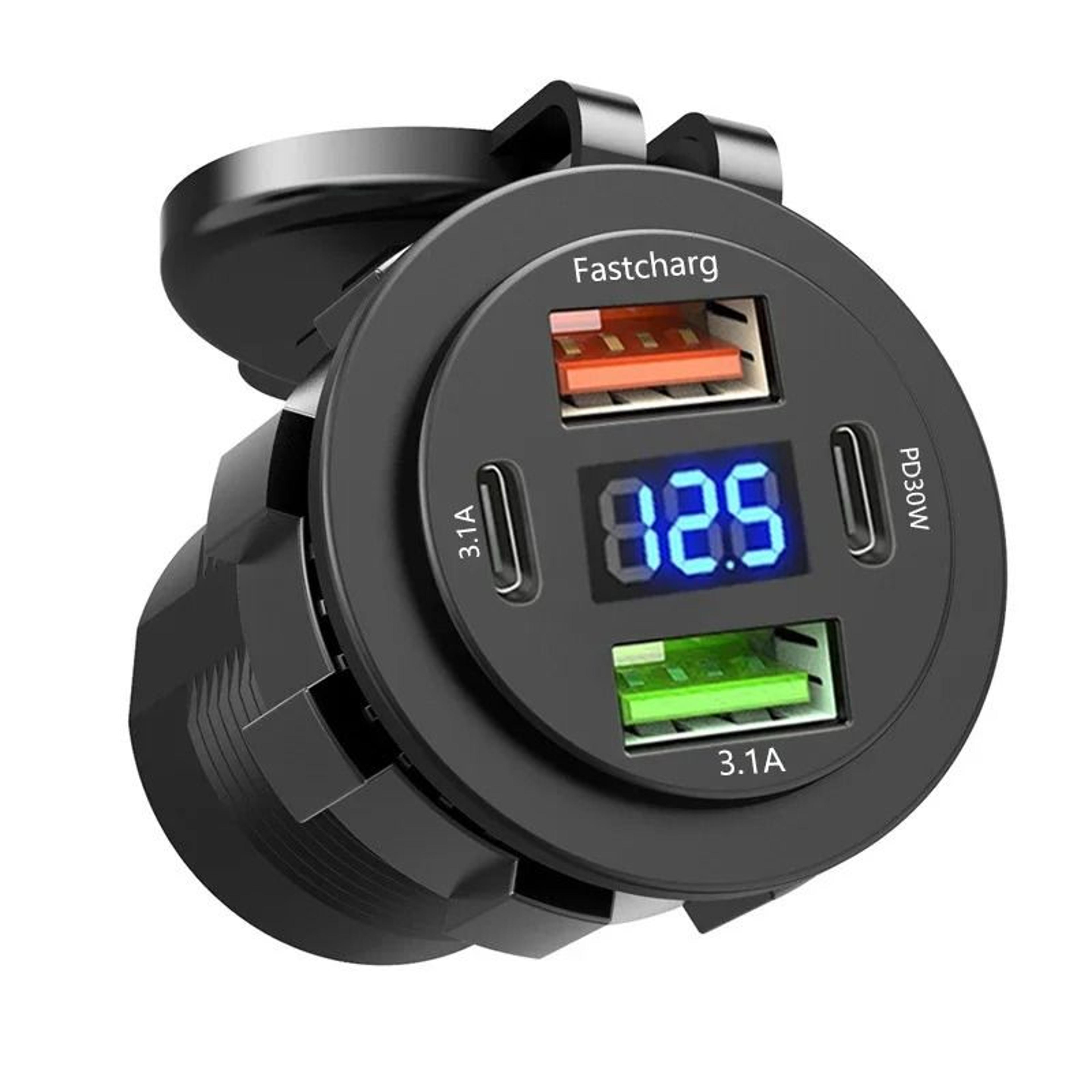 car charger socket dual type c and dual usb fast charging socket with voltmeter