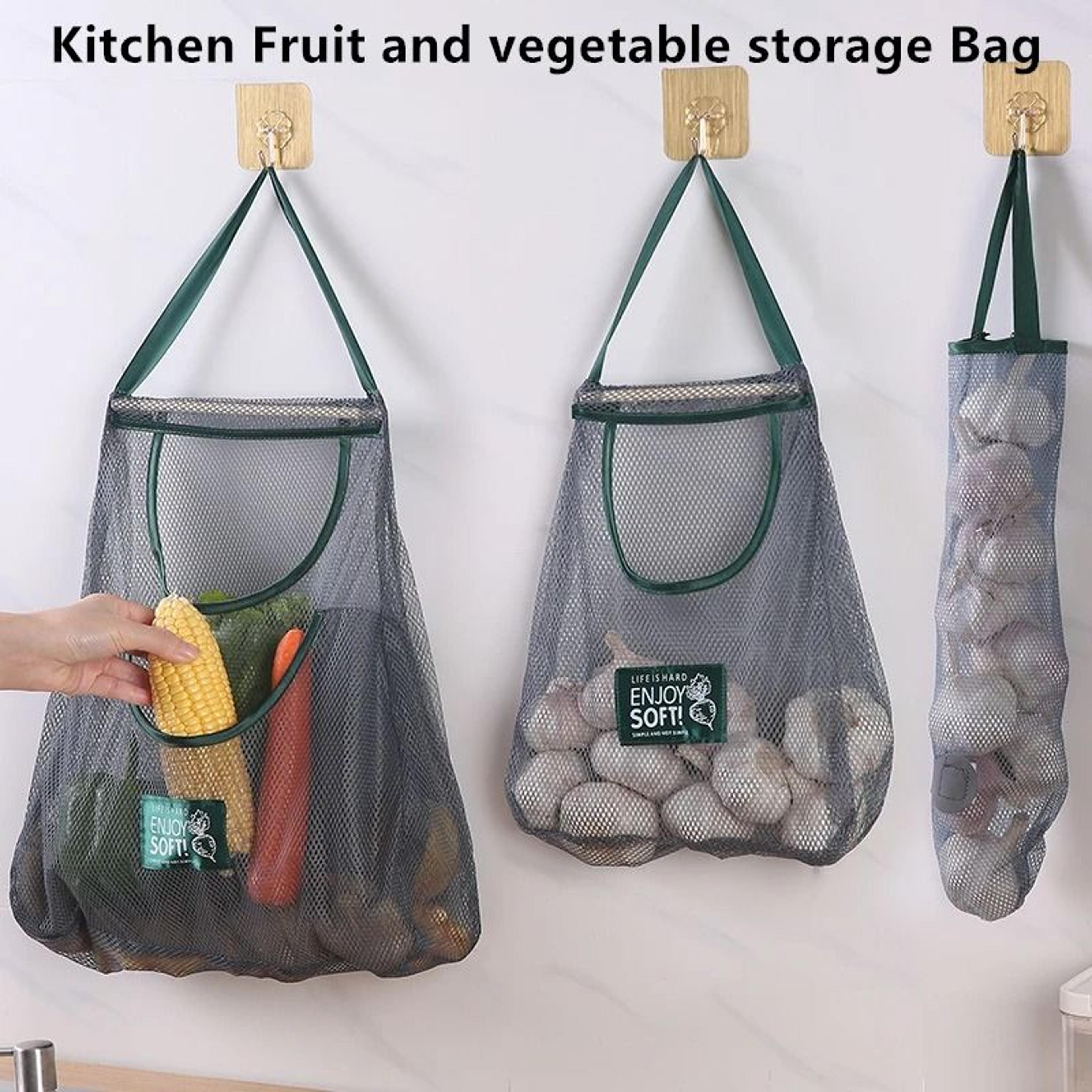 reusable hanging mesh storage bags for kitchen fruits vegetables ginger garlic potatoes onions