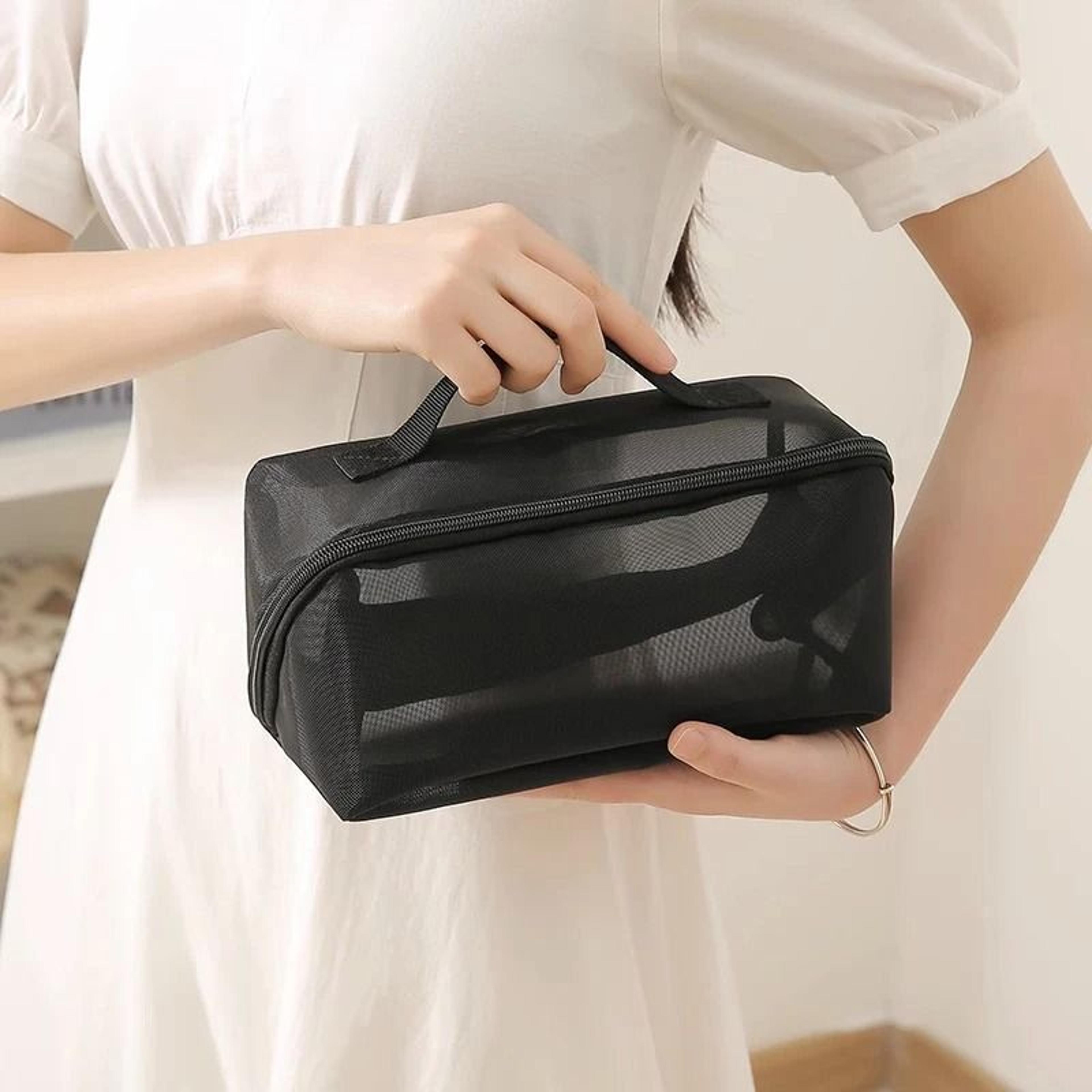 mesh clear cosmetic bags in small and large sizes for travel makeup and toiletry organization