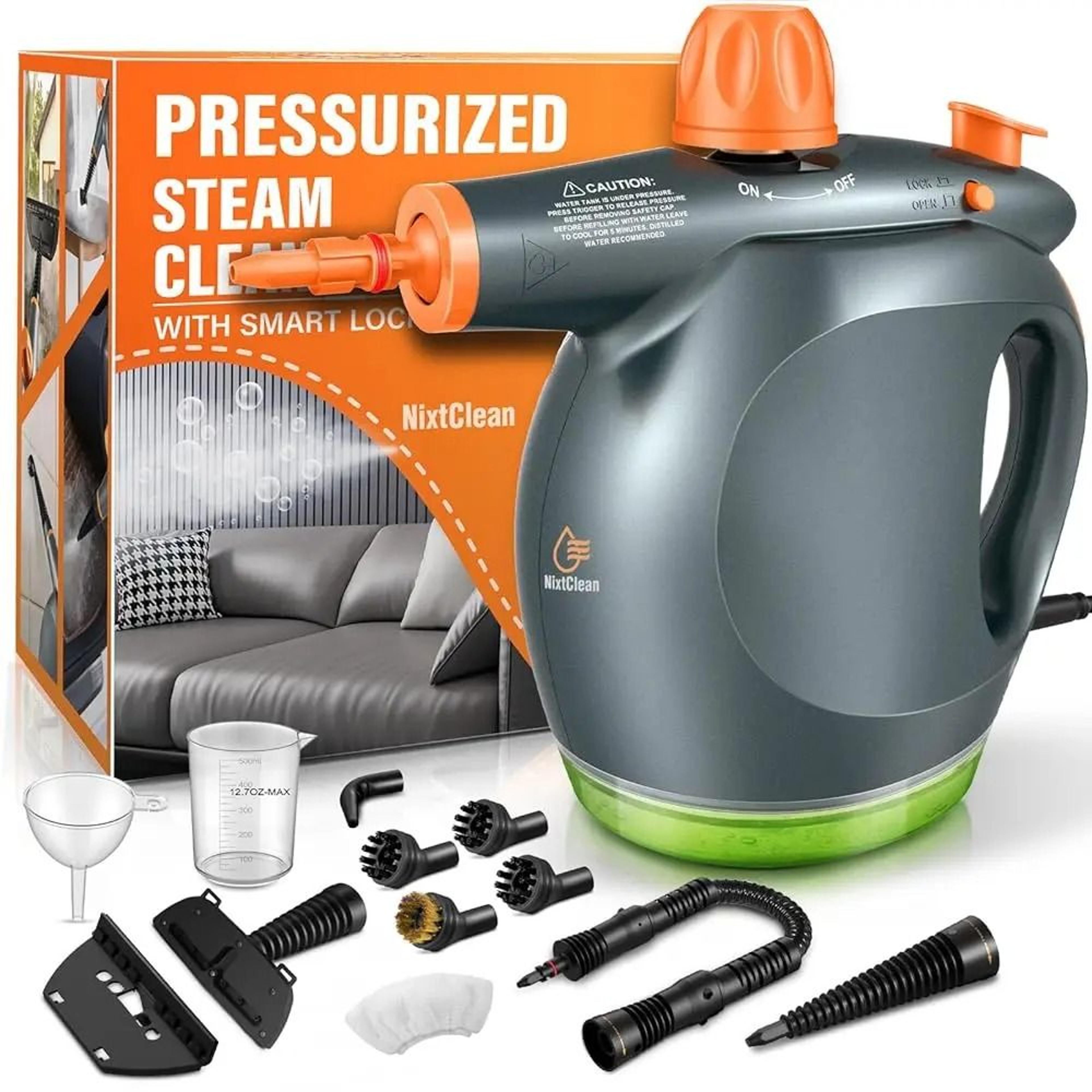 powerful handheld steam cleaner with safety lock and detergent container