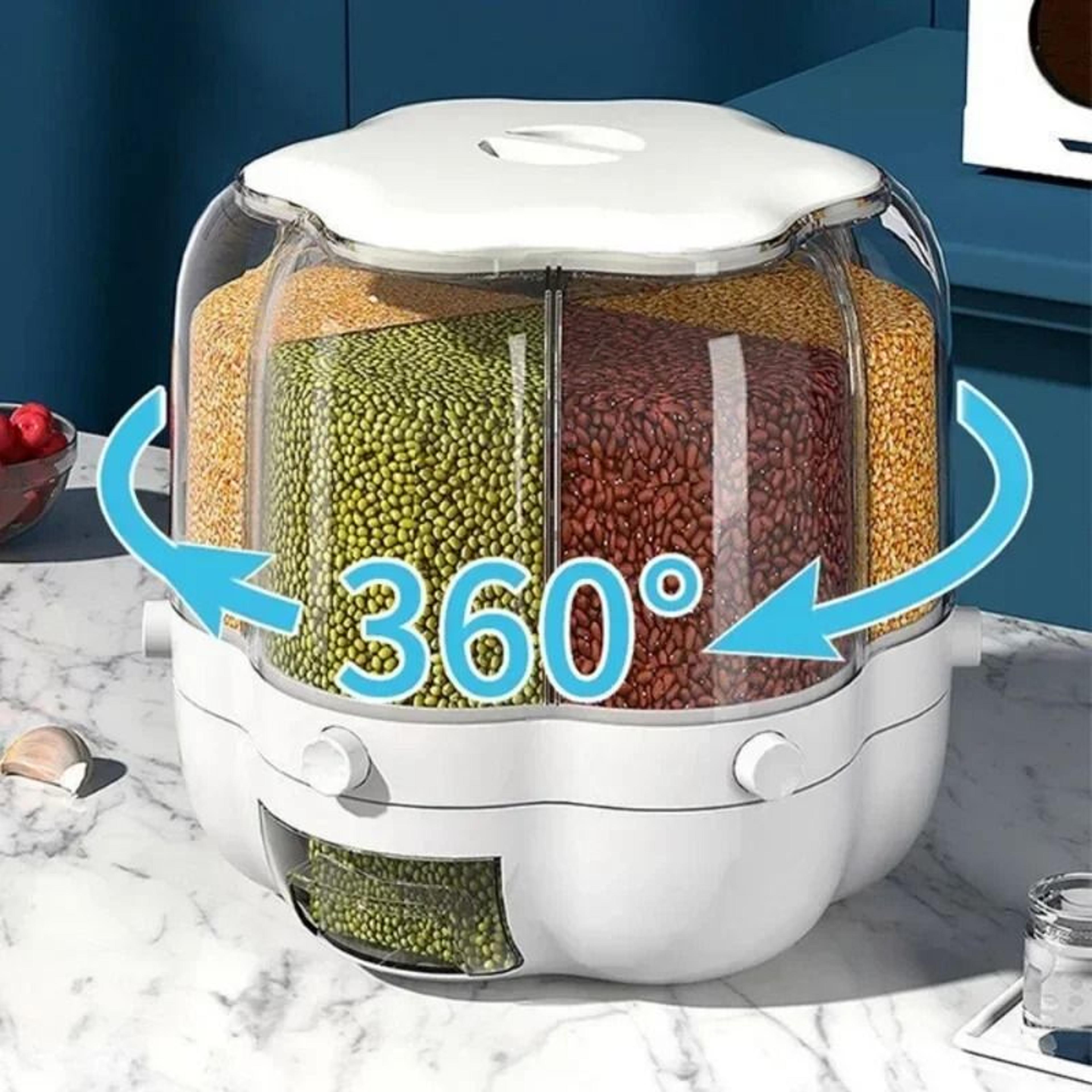 large rotating food storage container with 360 degree dispenser for rice and grains