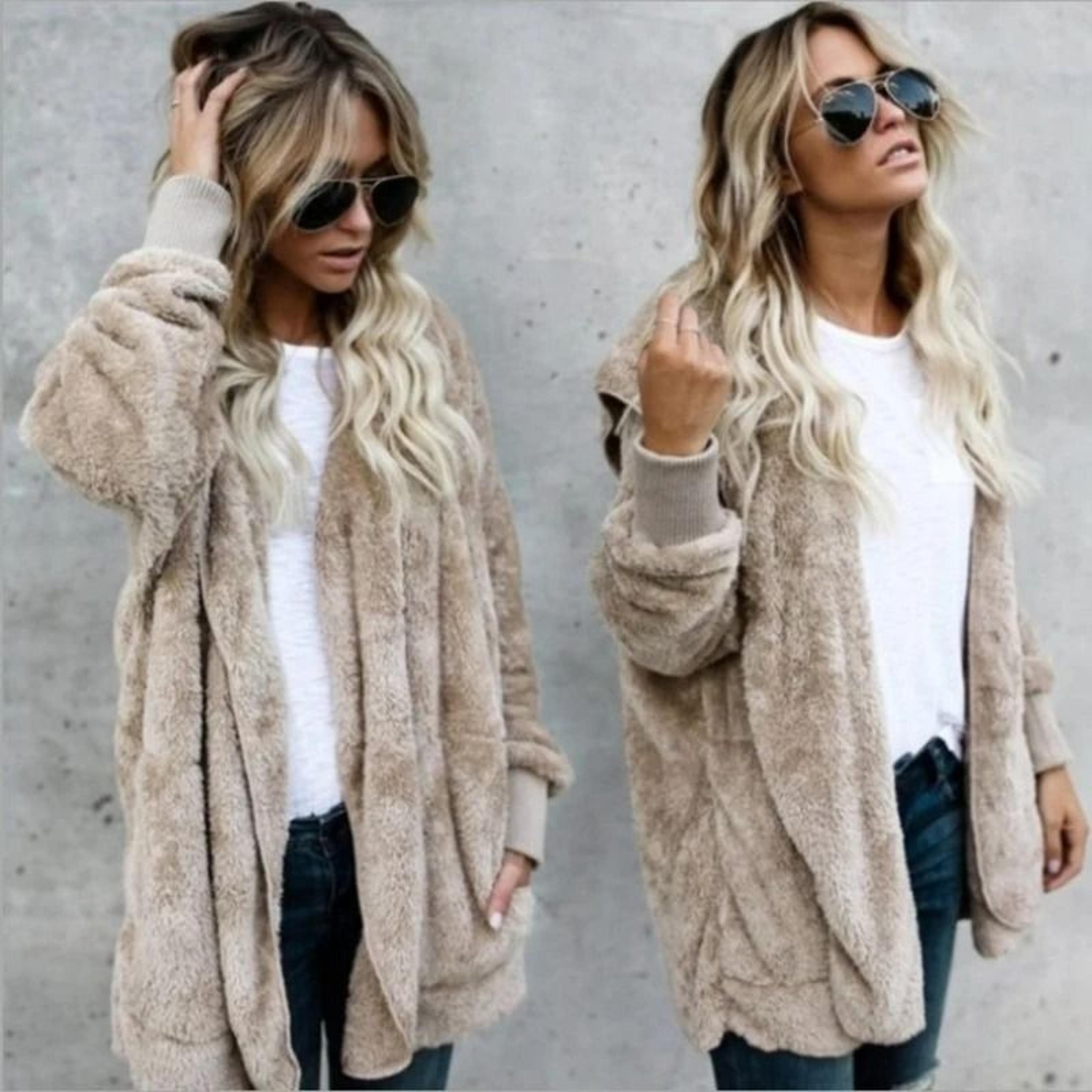 autumn winter double fleece cardigan jacket women solid color long sleeve plush warm hooded lady jacket