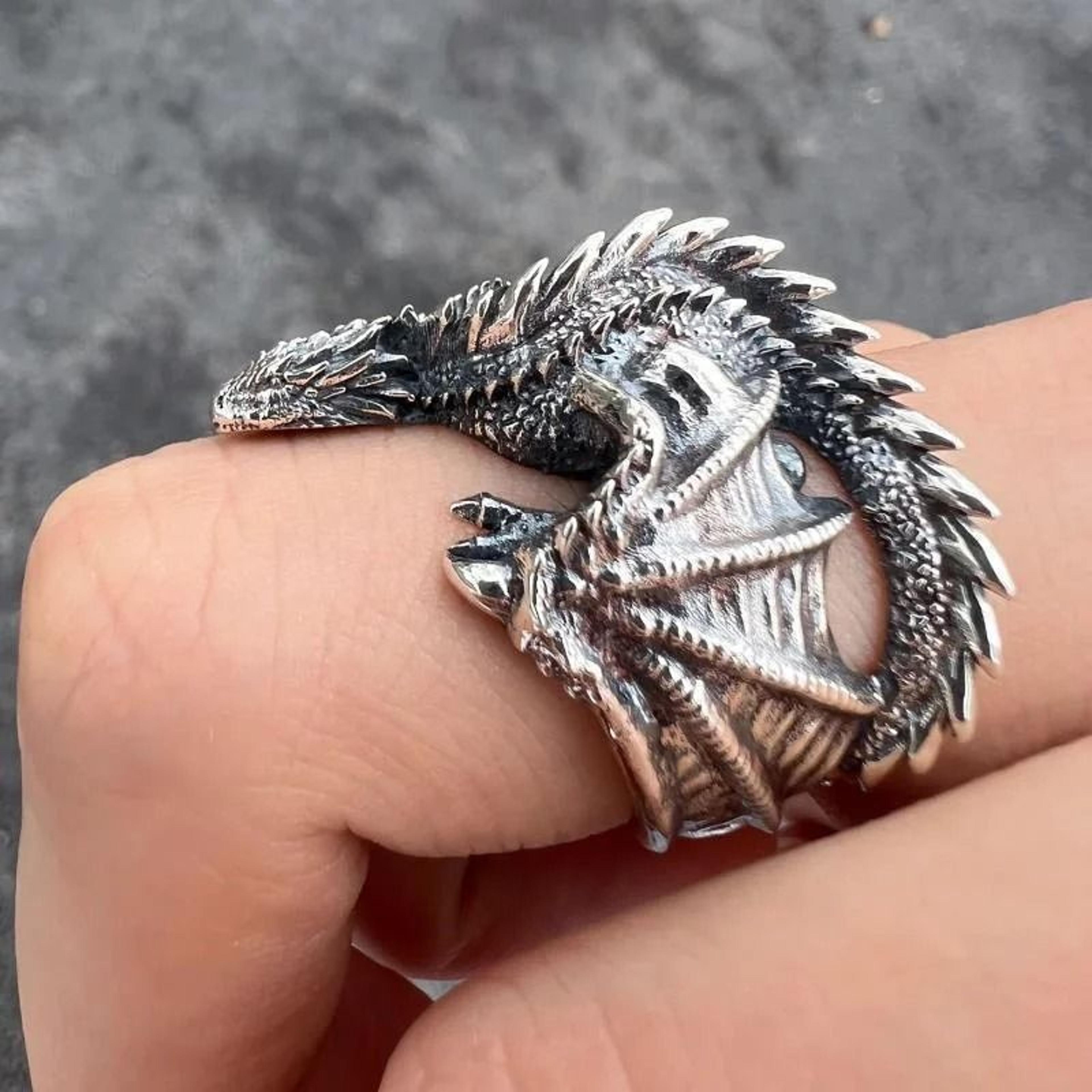 antique silver dragon wing adjustable ring for men gothic punk jewelry