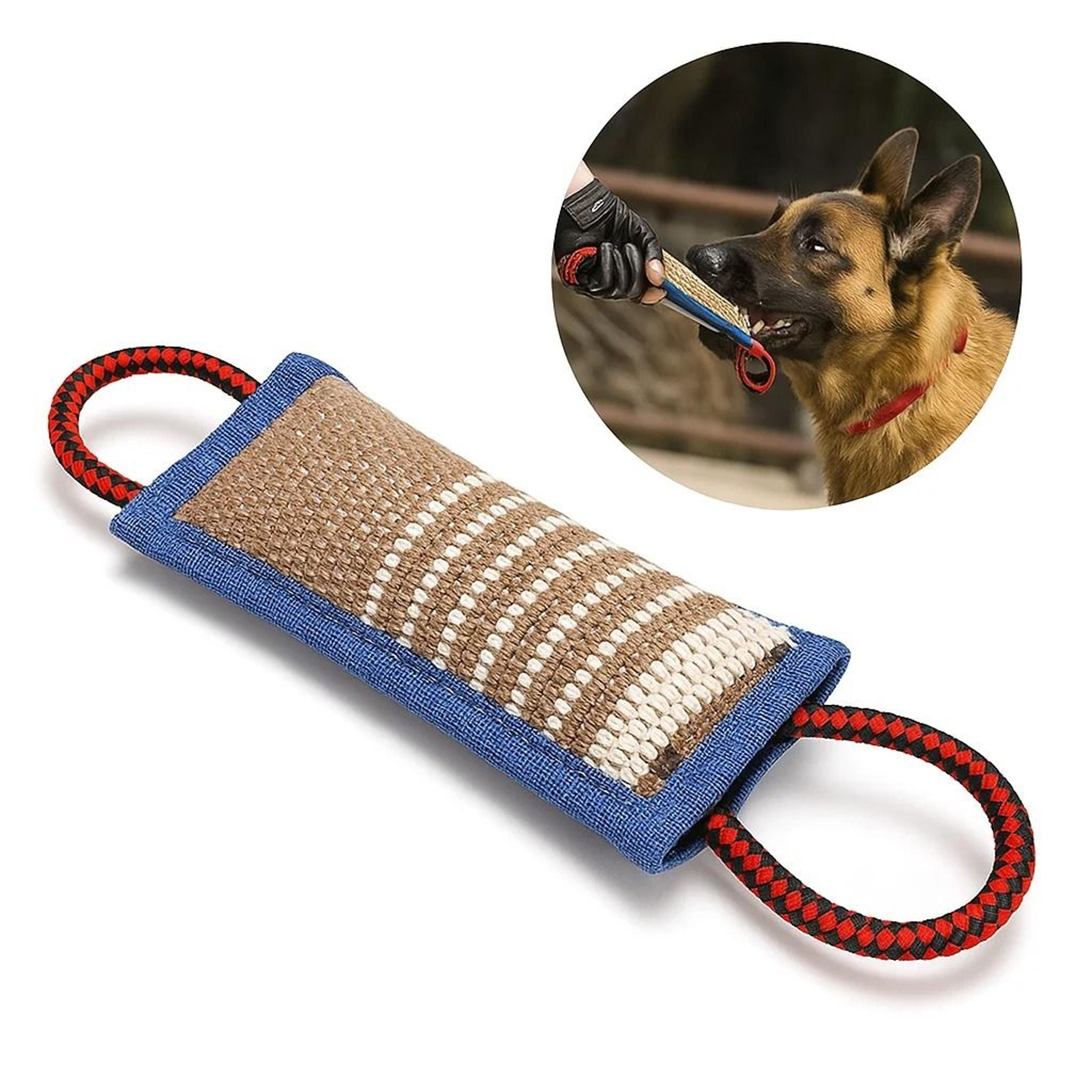 dog tug toy jute bite pillow with two handles for training and play