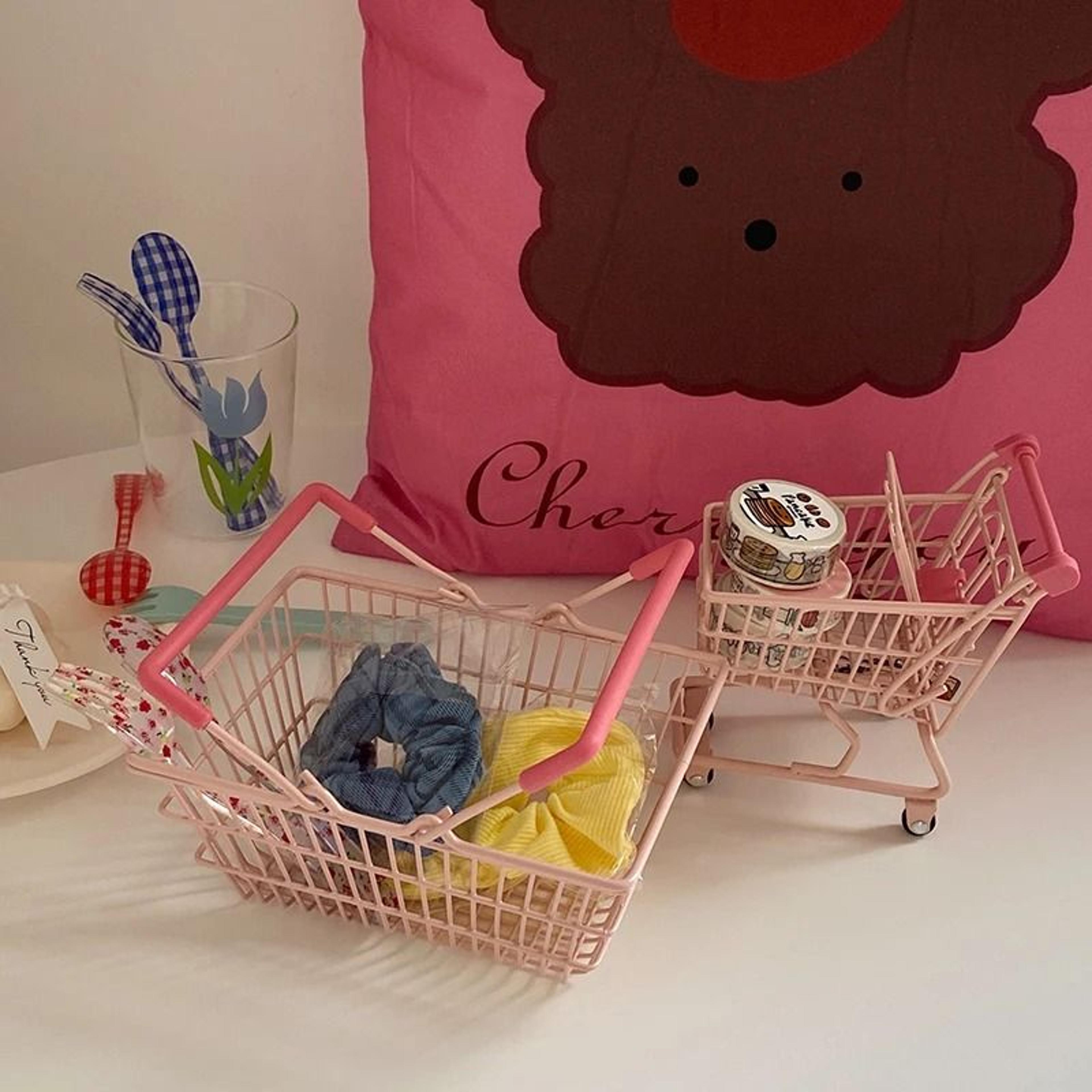 ins cute pink trolley shopping basket storage toy desktop decoration