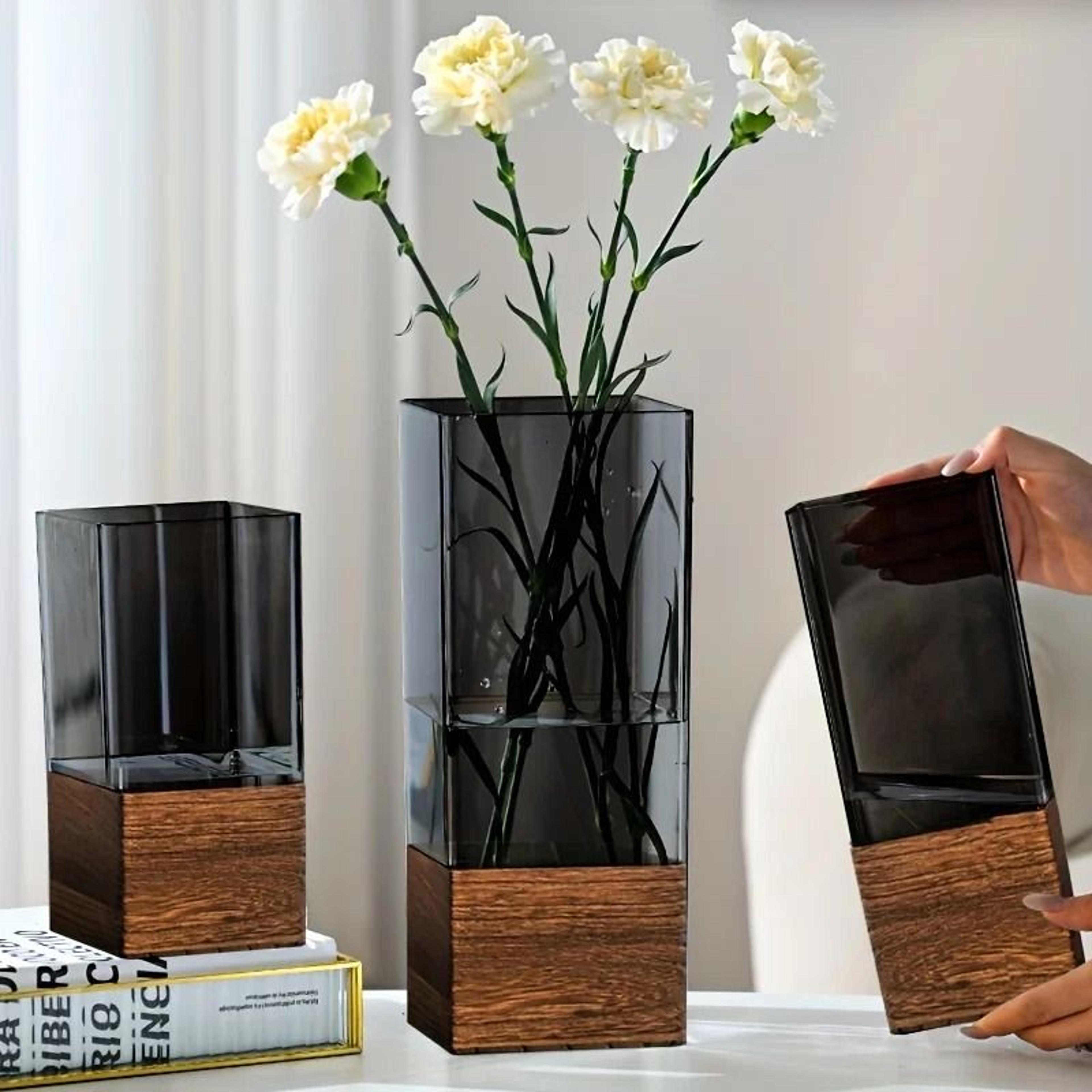nordic style acrylic vase with wooden base for home decor and floral arrangements