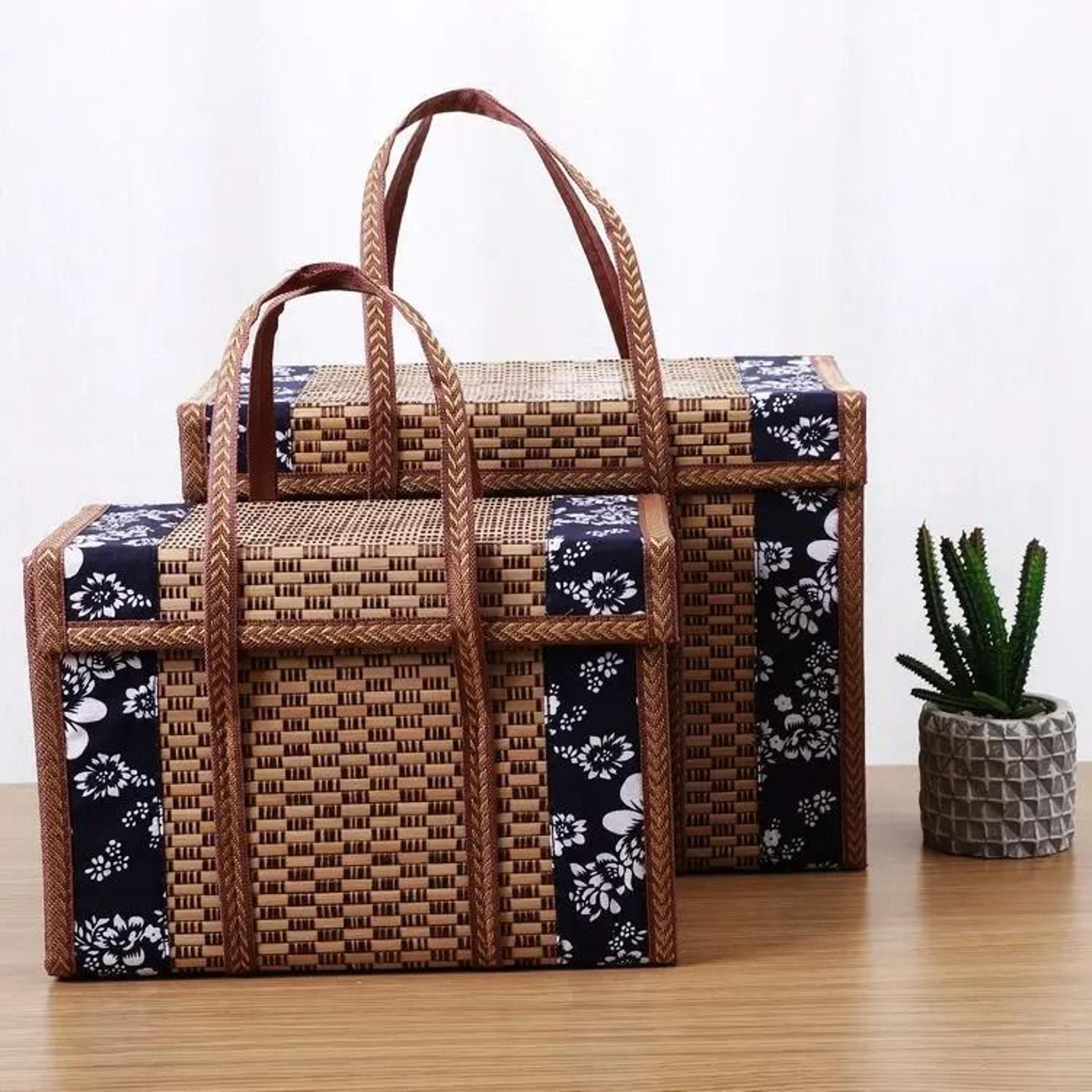 handcrafted bamboo picnic basket with handles for snacks and fruits