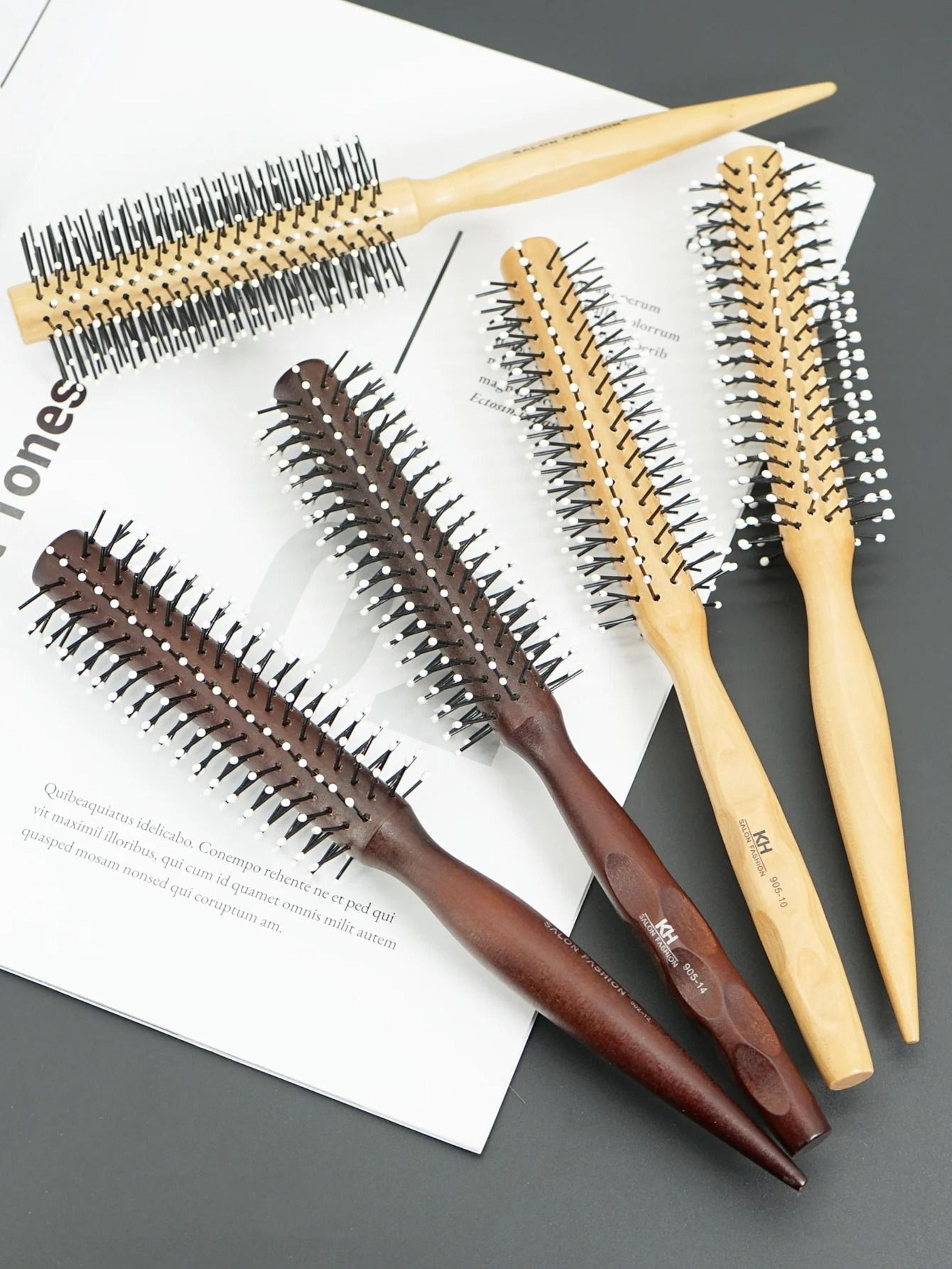 natural wood handle round barrel hair comb anti static brush for styling and blow drying
