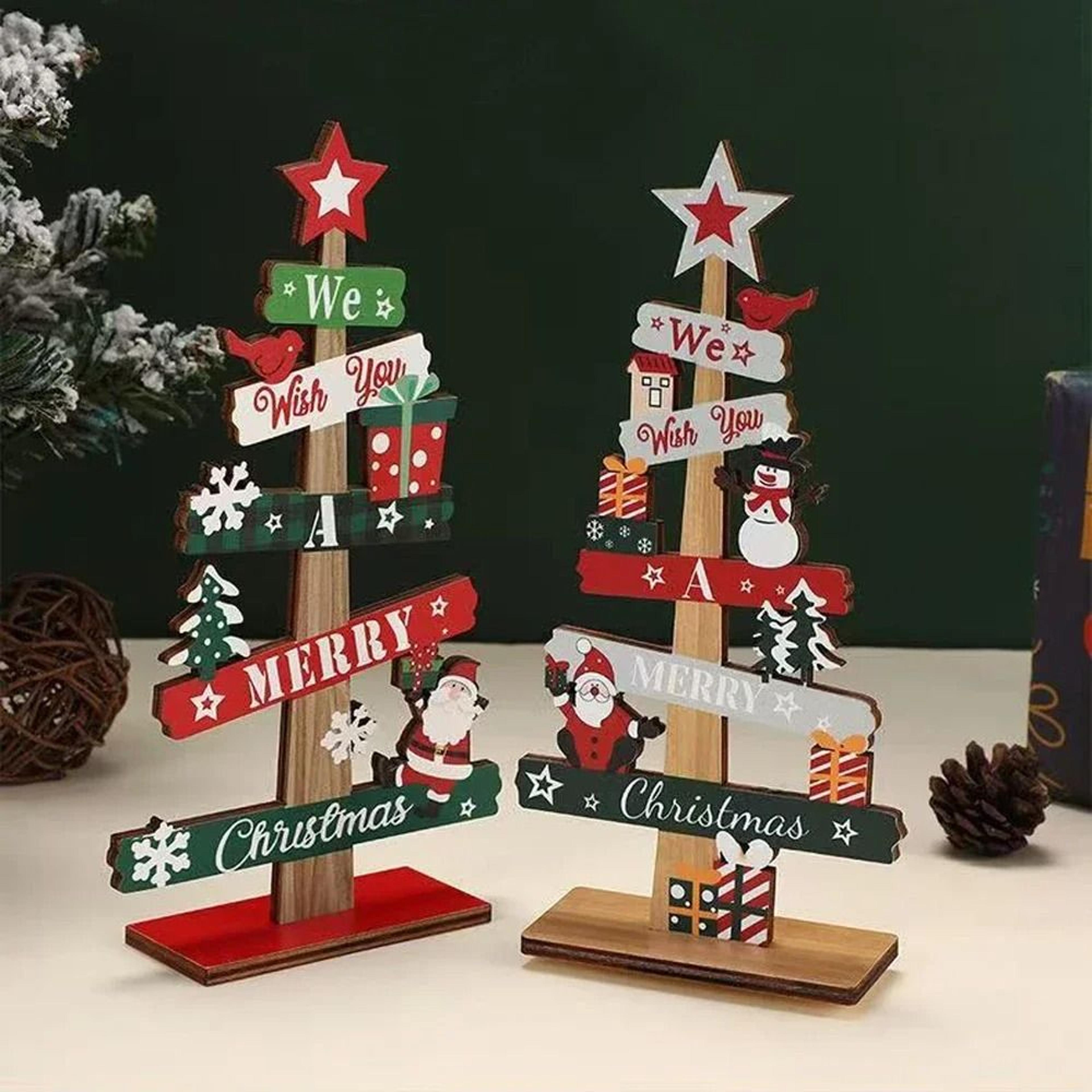 wooden christmas tree desktop decoration with santa and holiday accents
