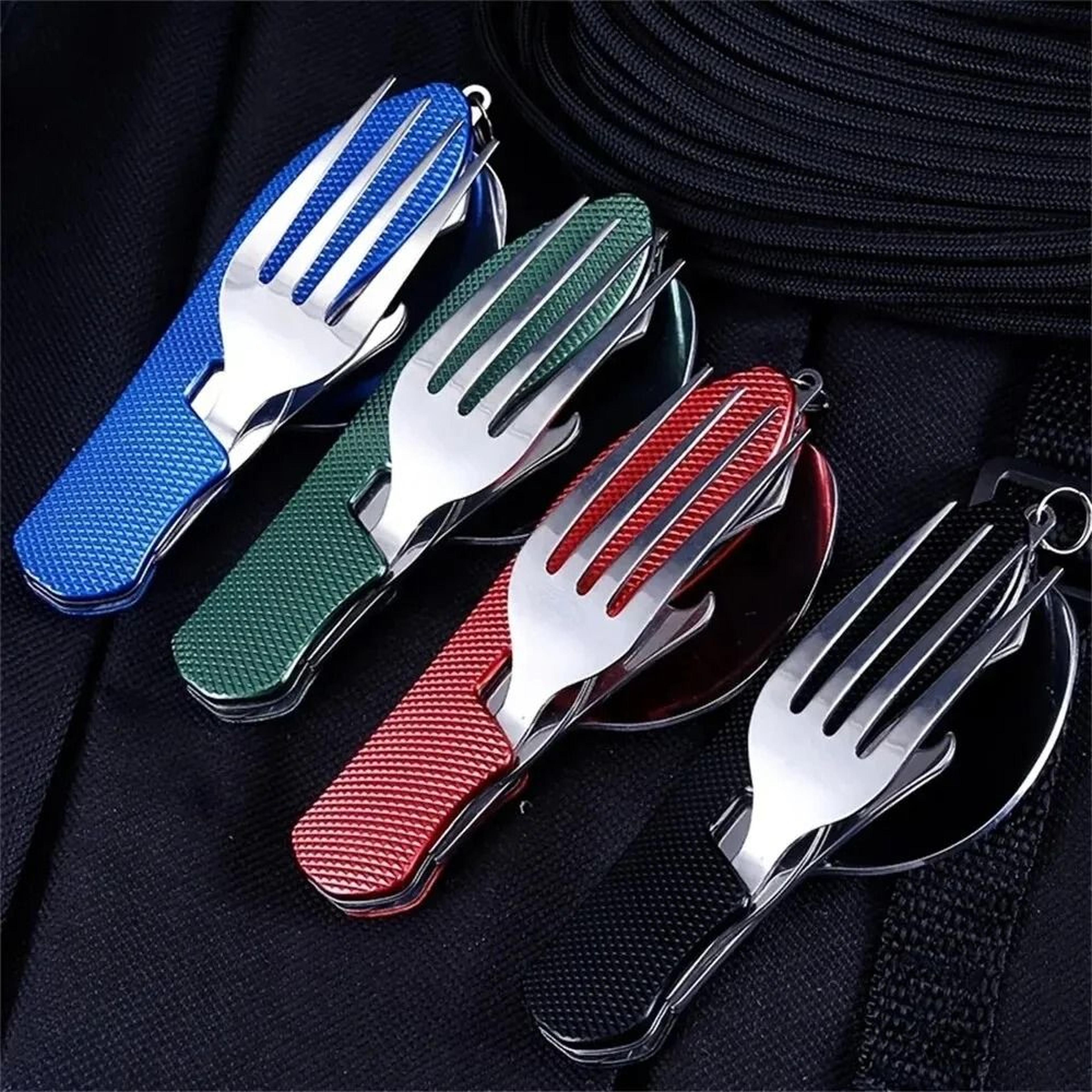 foldable camping utensil set with knife fork and spoon for outdoor travel and picnic use