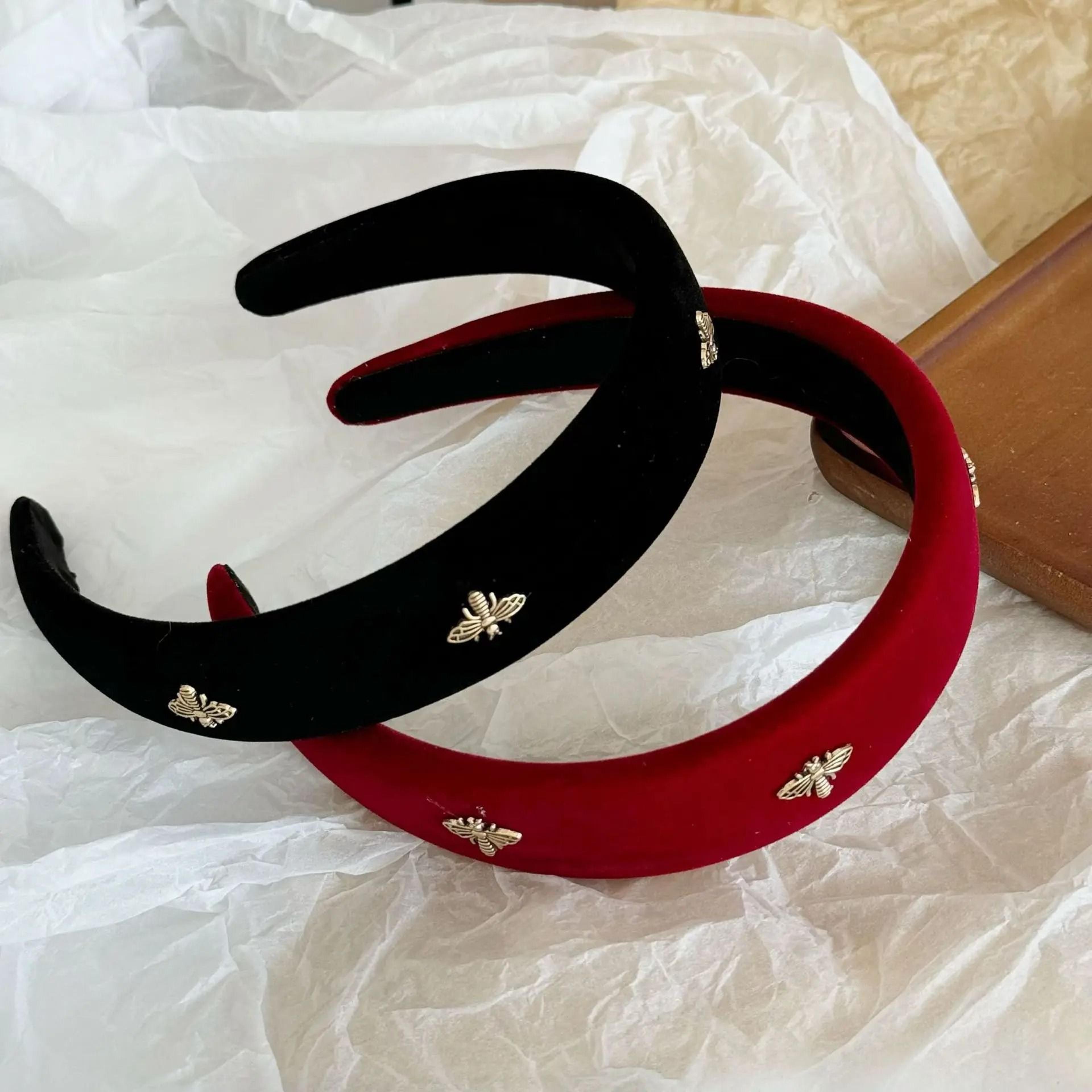 black velvet hairband with cute bee design for winter and fall high volume hairstyles