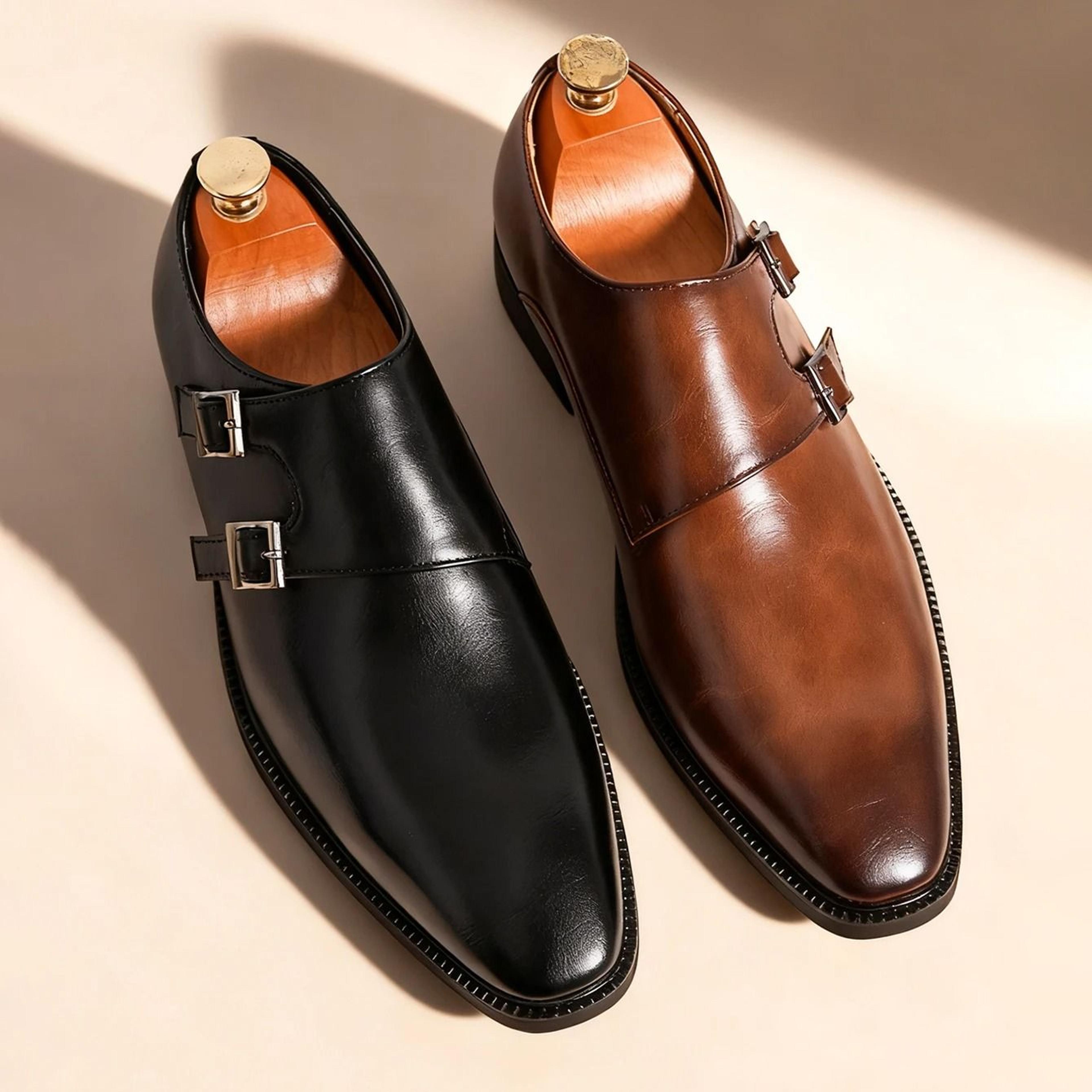 classic retro monk strap leather shoes for men with pointed toe and buckle comfortable business and wedding oxfords