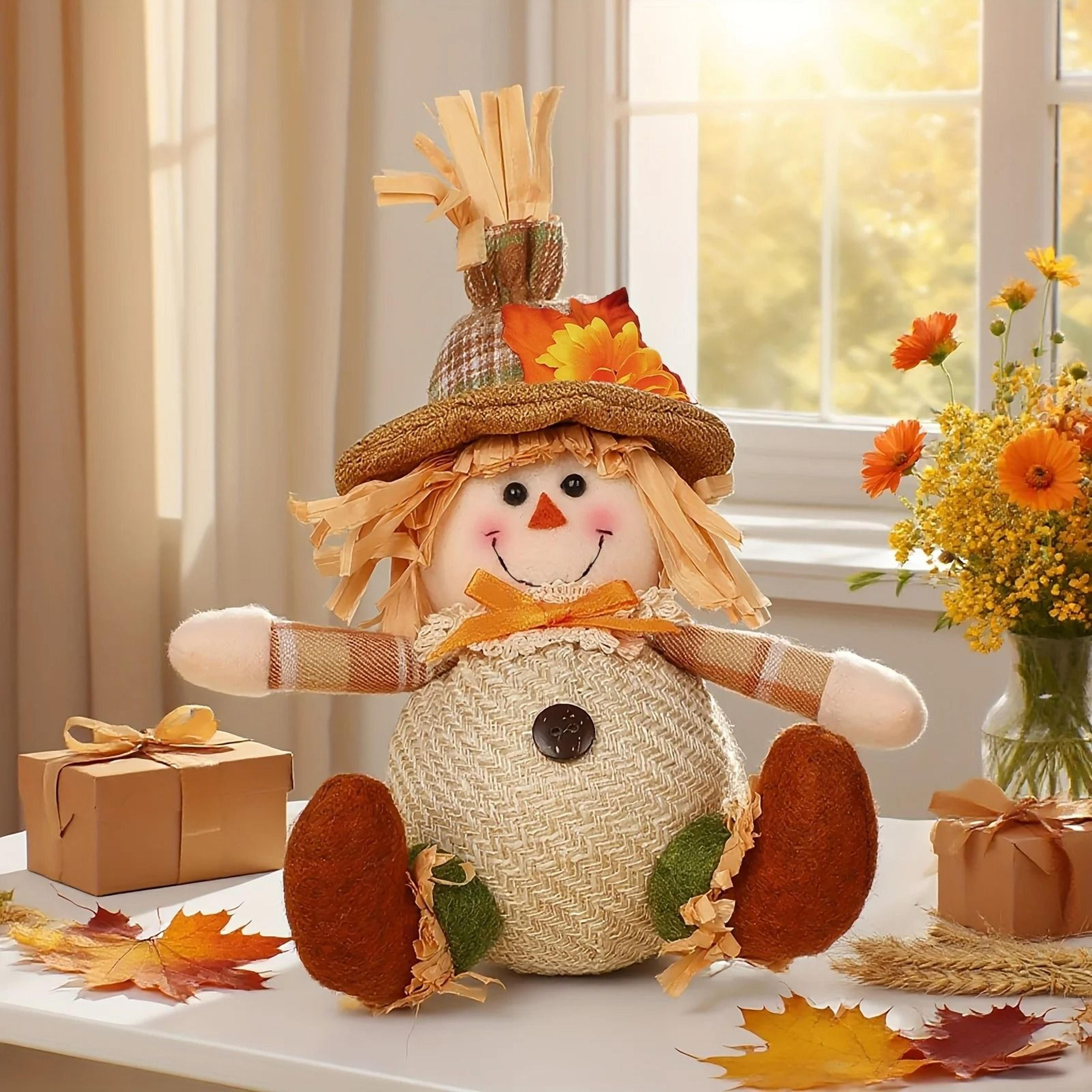rustic autumn harvest scarecrow decoration with plaid and sunflower accents – farmhouse fall decor
