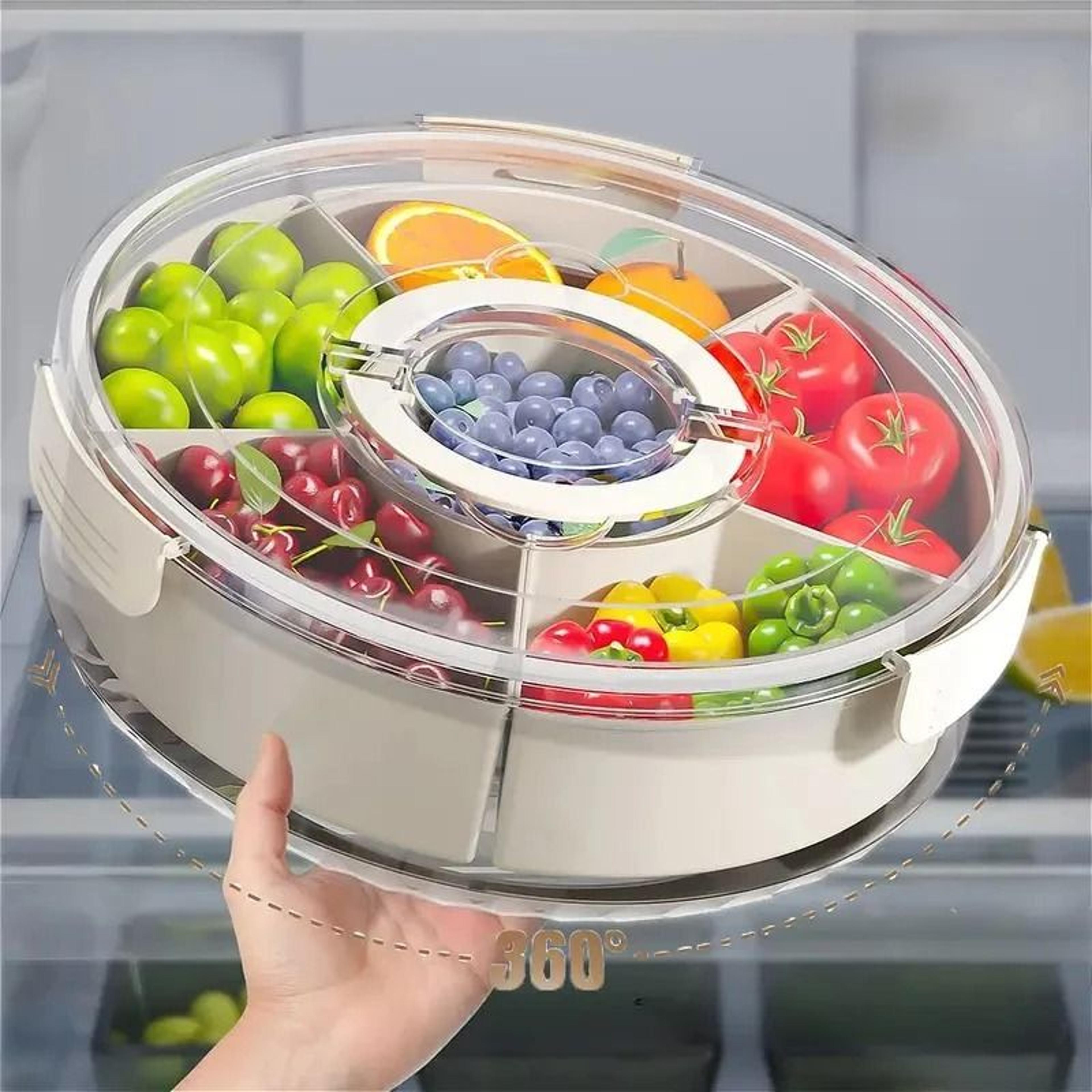 round rotating fruit tray with lid and handle six compartment snack organizer