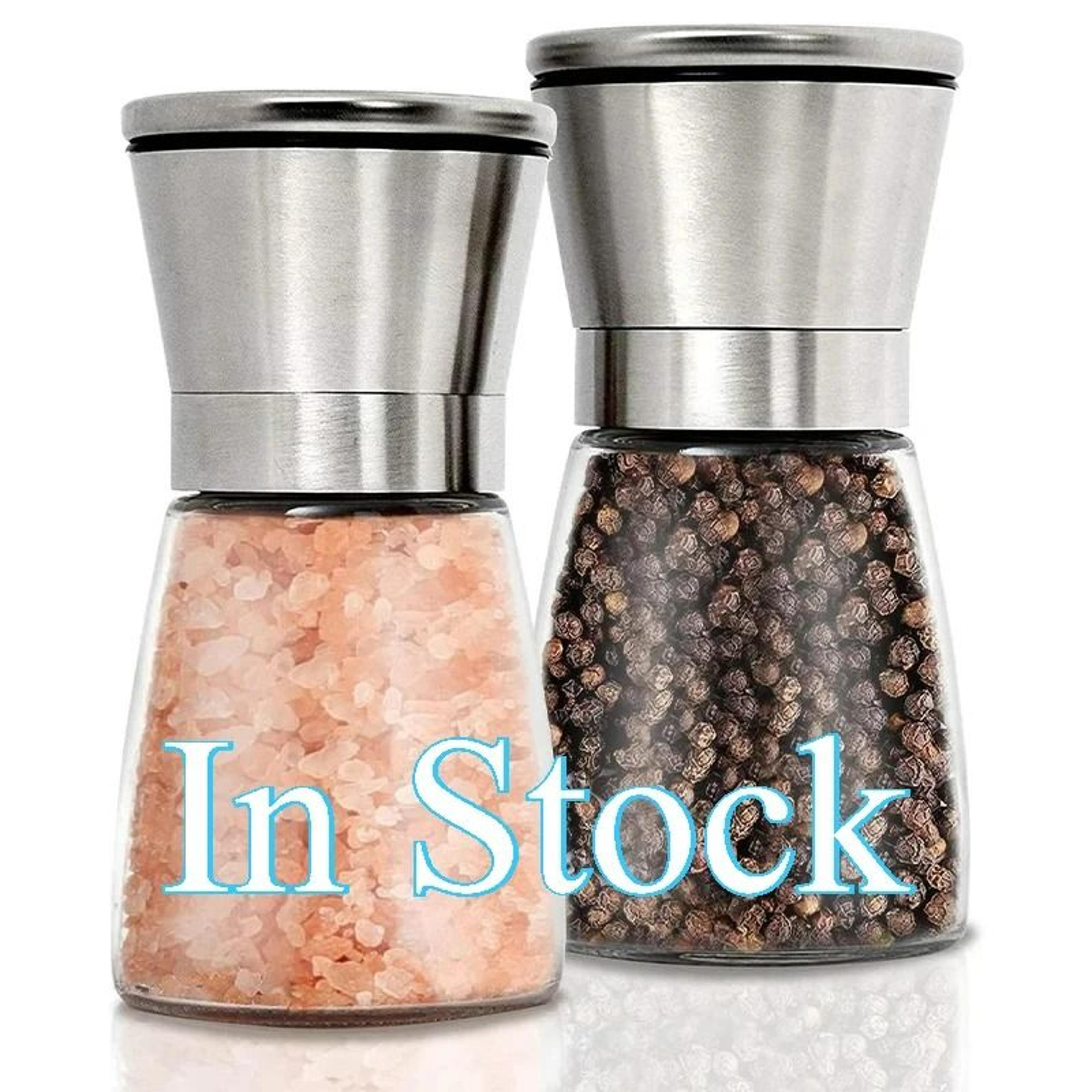 salt and pepper grinder set with adjustable coarseness glass body