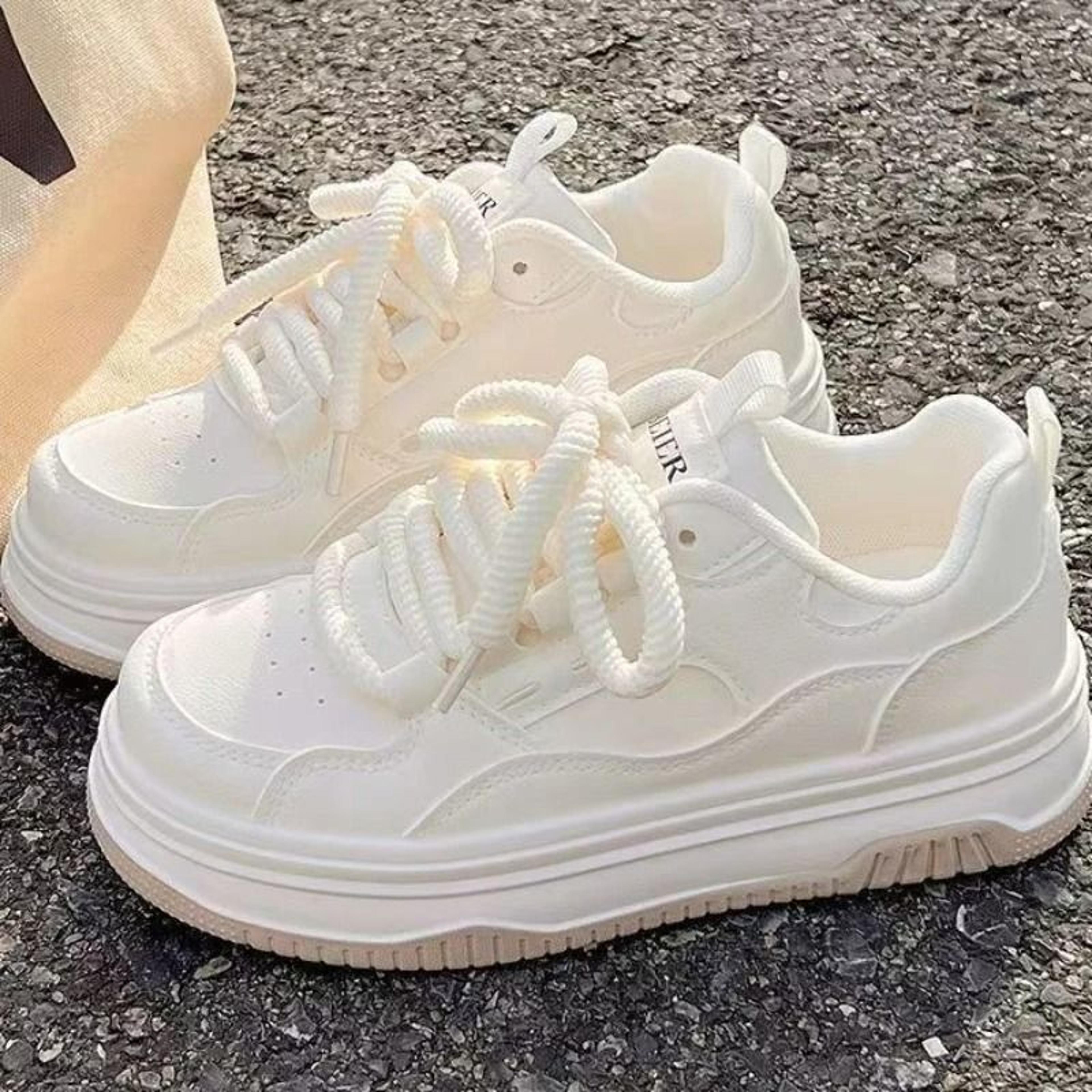 casual white lace up thick sole vulcanized sneakers for women