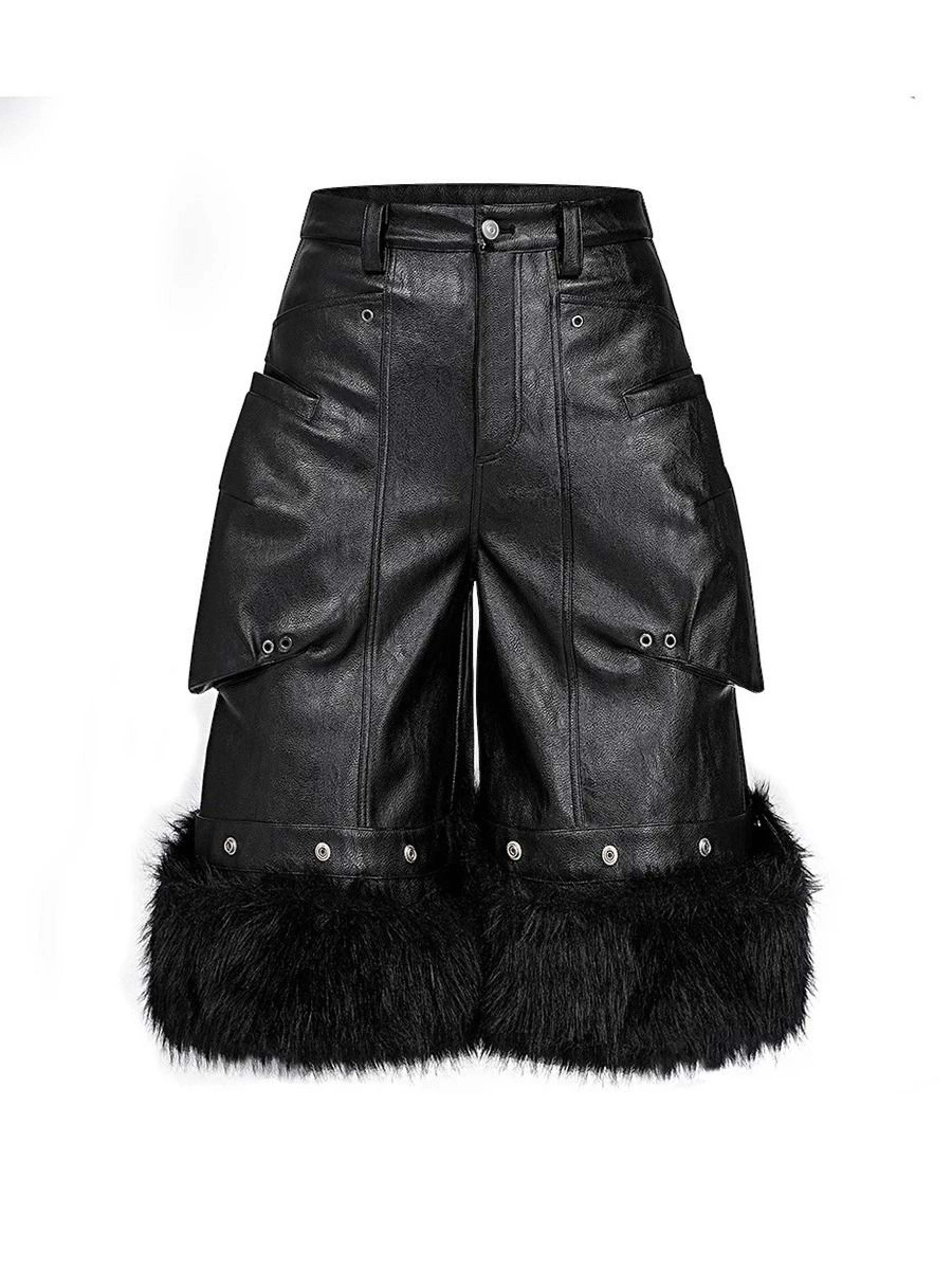 mauroicardi black faux fur patchwork pu leather shorts for men with 3d pockets luxury emo streetwear style