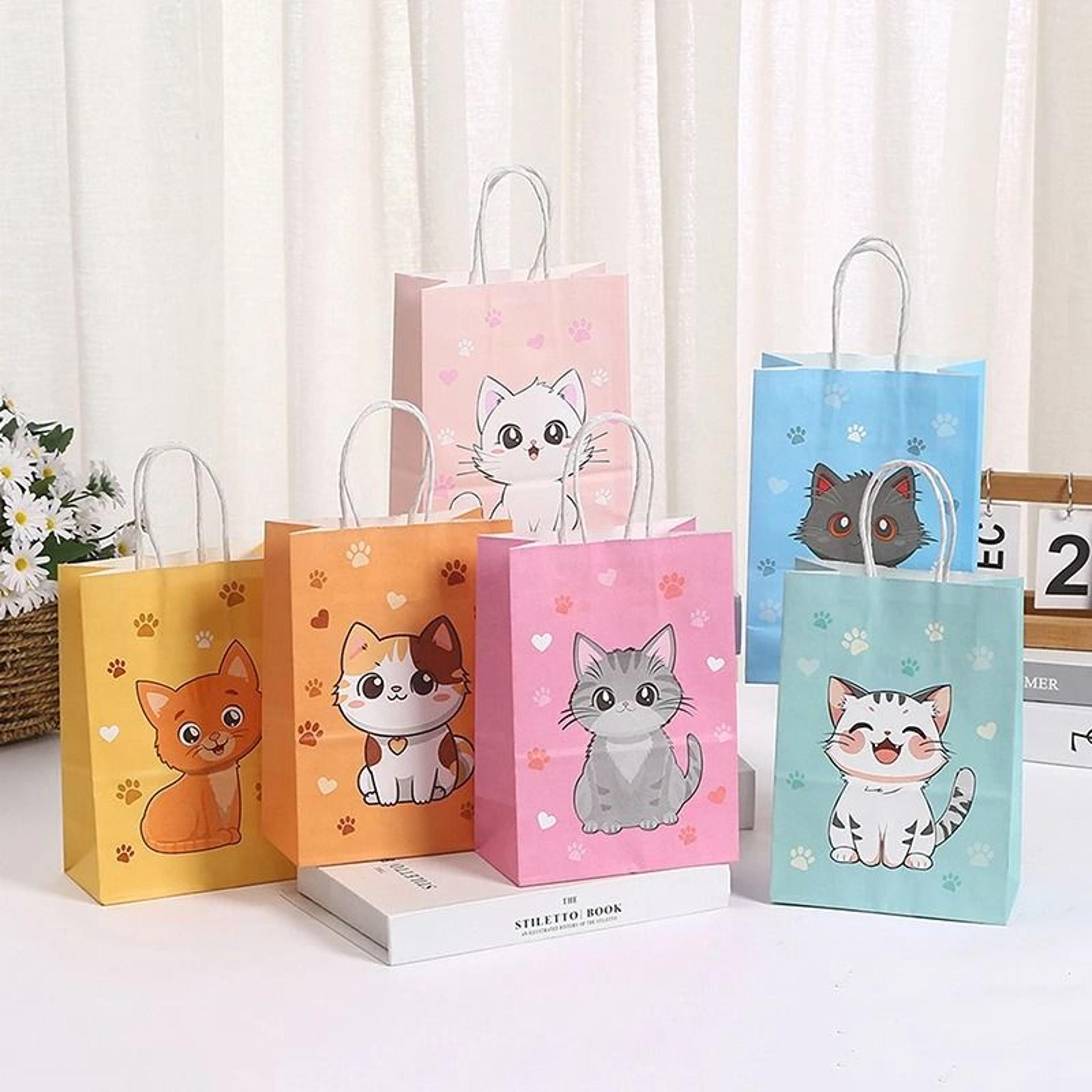 cartoon cat paw print paper gift bags with handles for kids party 6 piece set