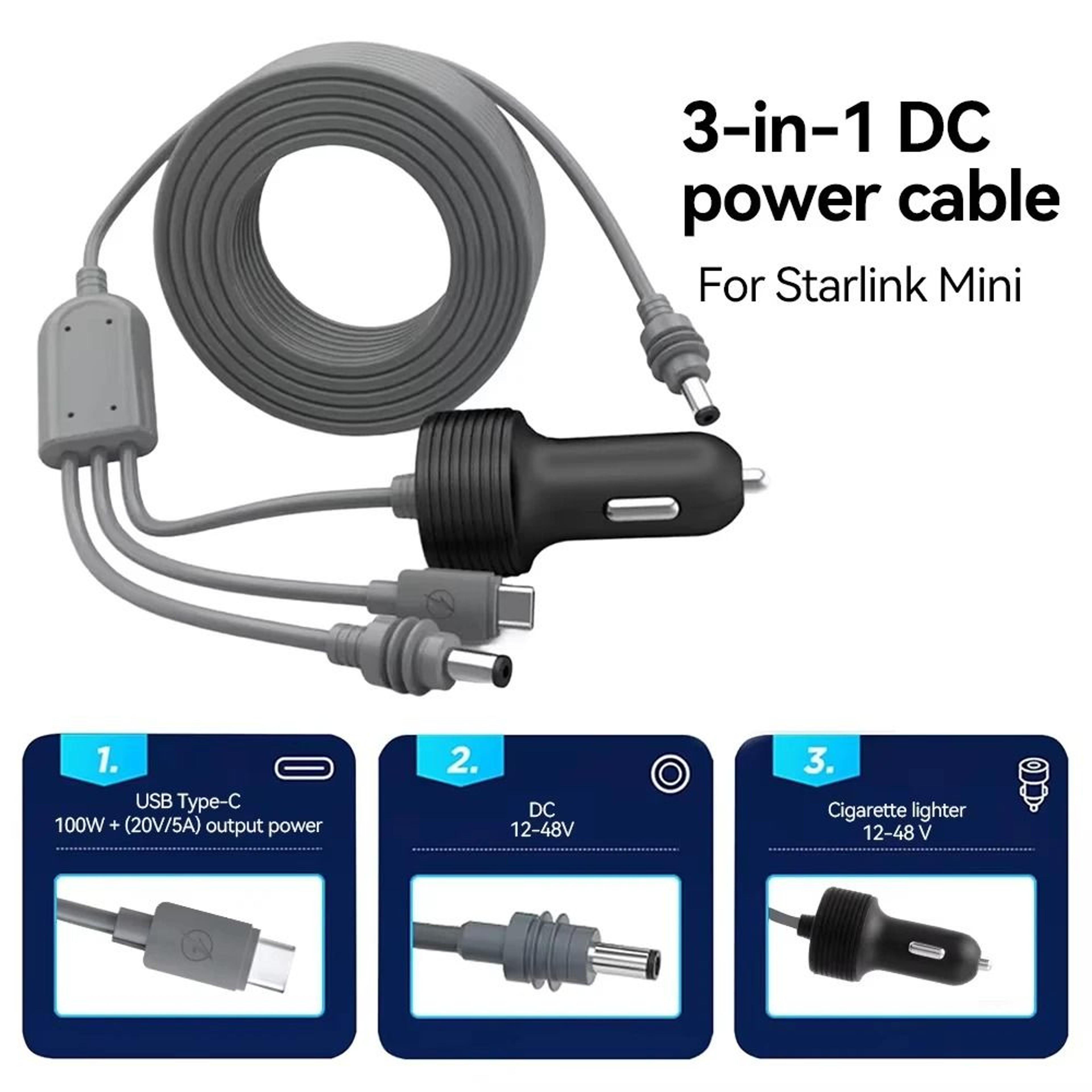 starlink mini car charger extension cable usb c waterproof 3 in 1