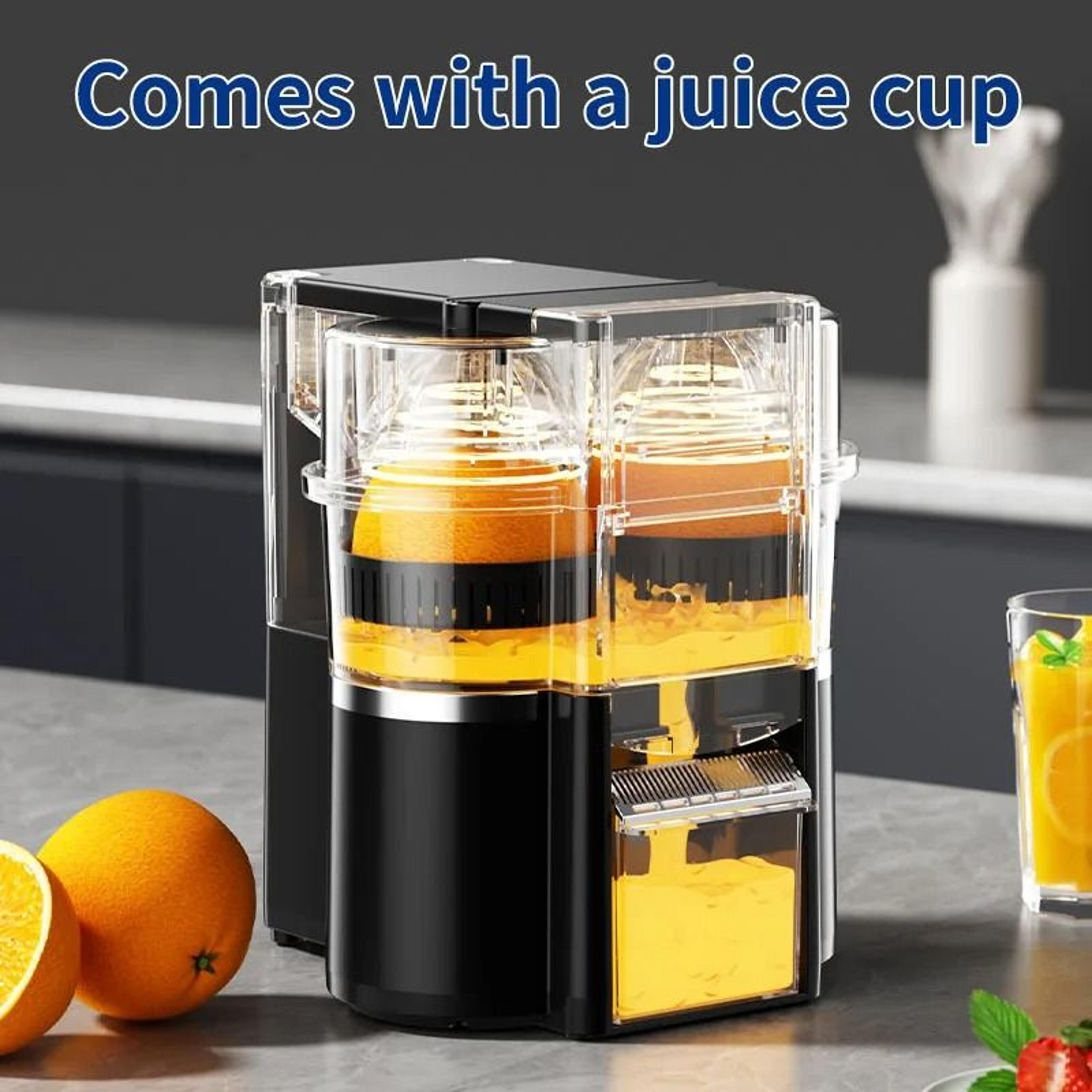 dual head electric citrus juicer machine with power cord and cleaning brush