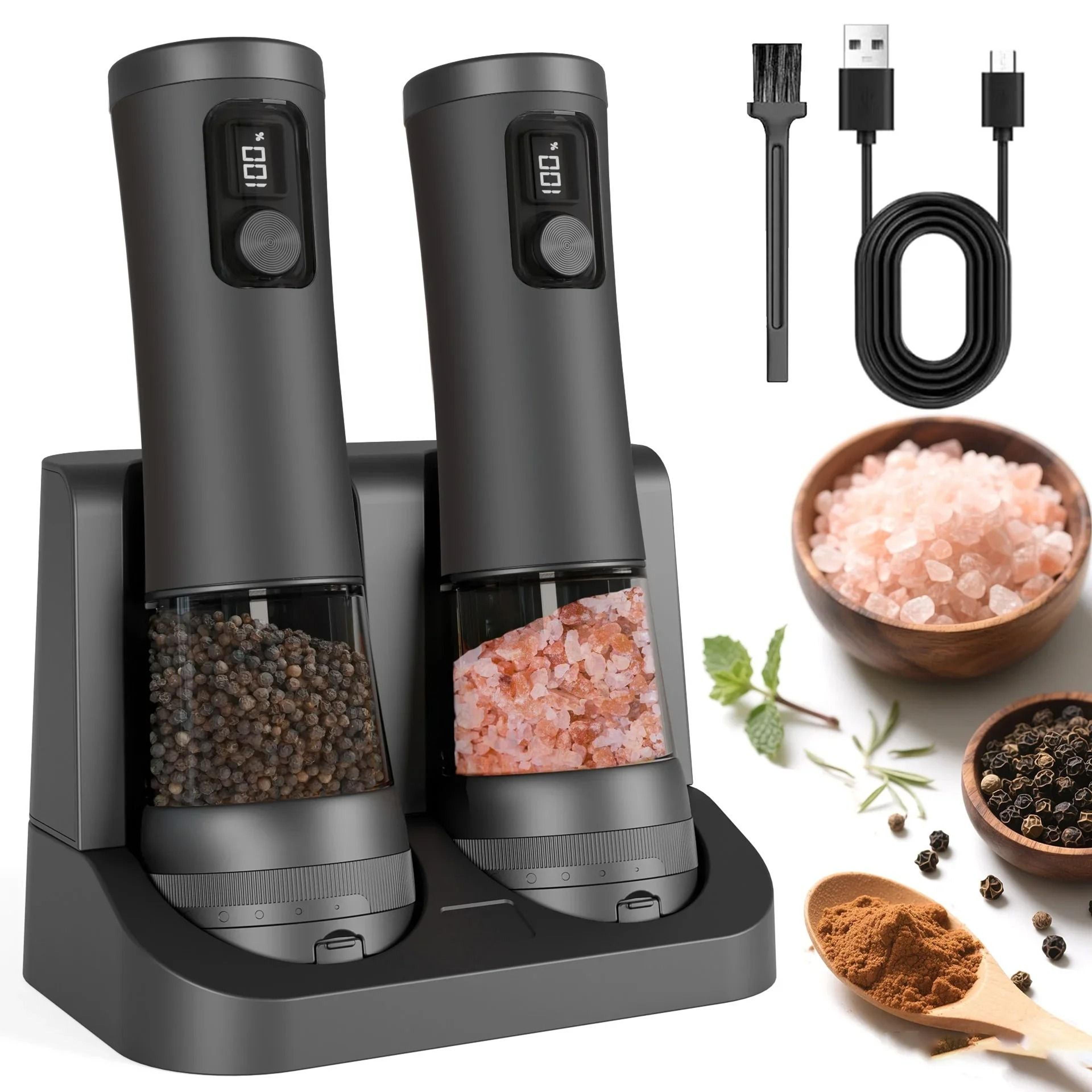 electric rechargeable salt and pepper grinder set with adjustable coarseness and charging base