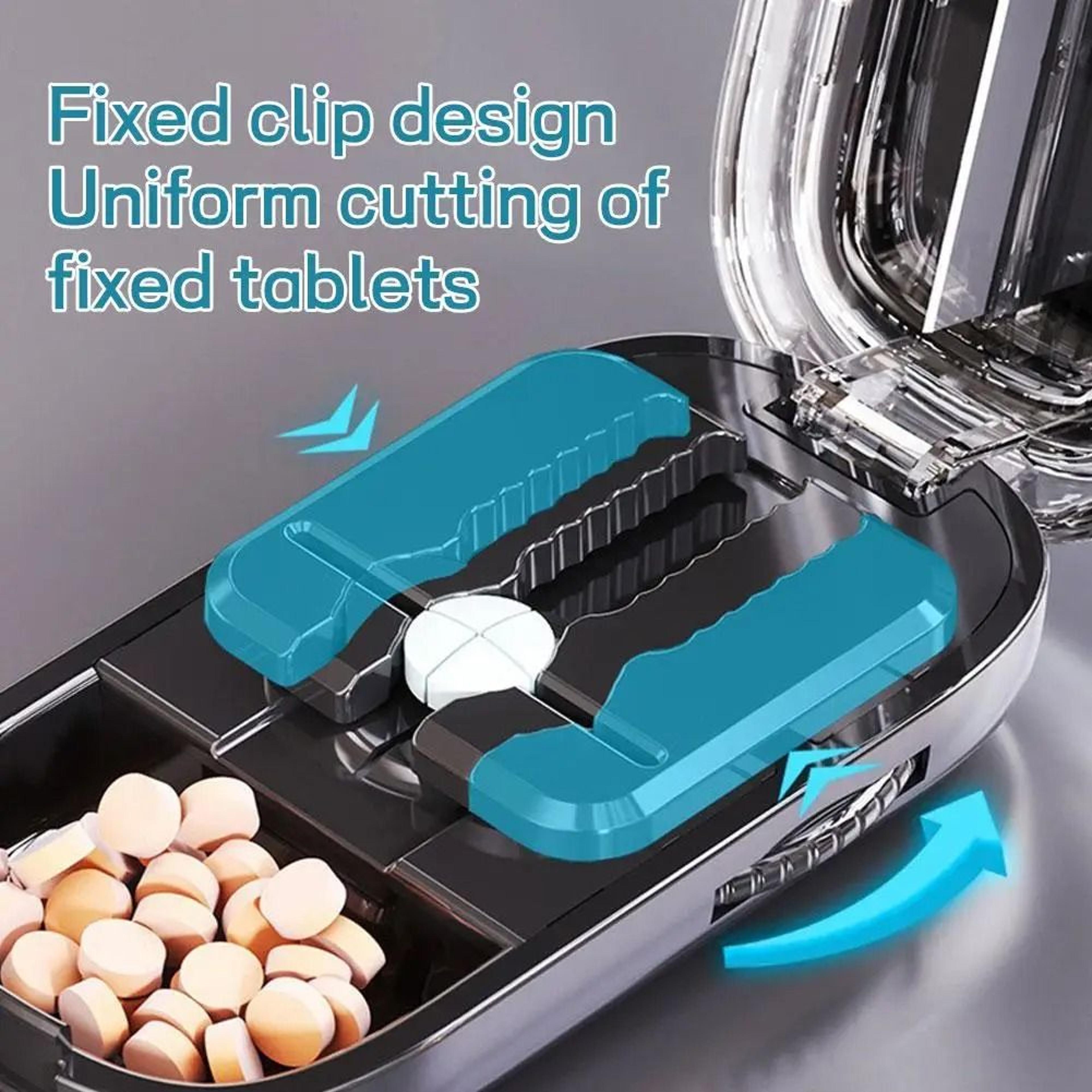 adjustable pill cutter and crusher with storage box for medication organization