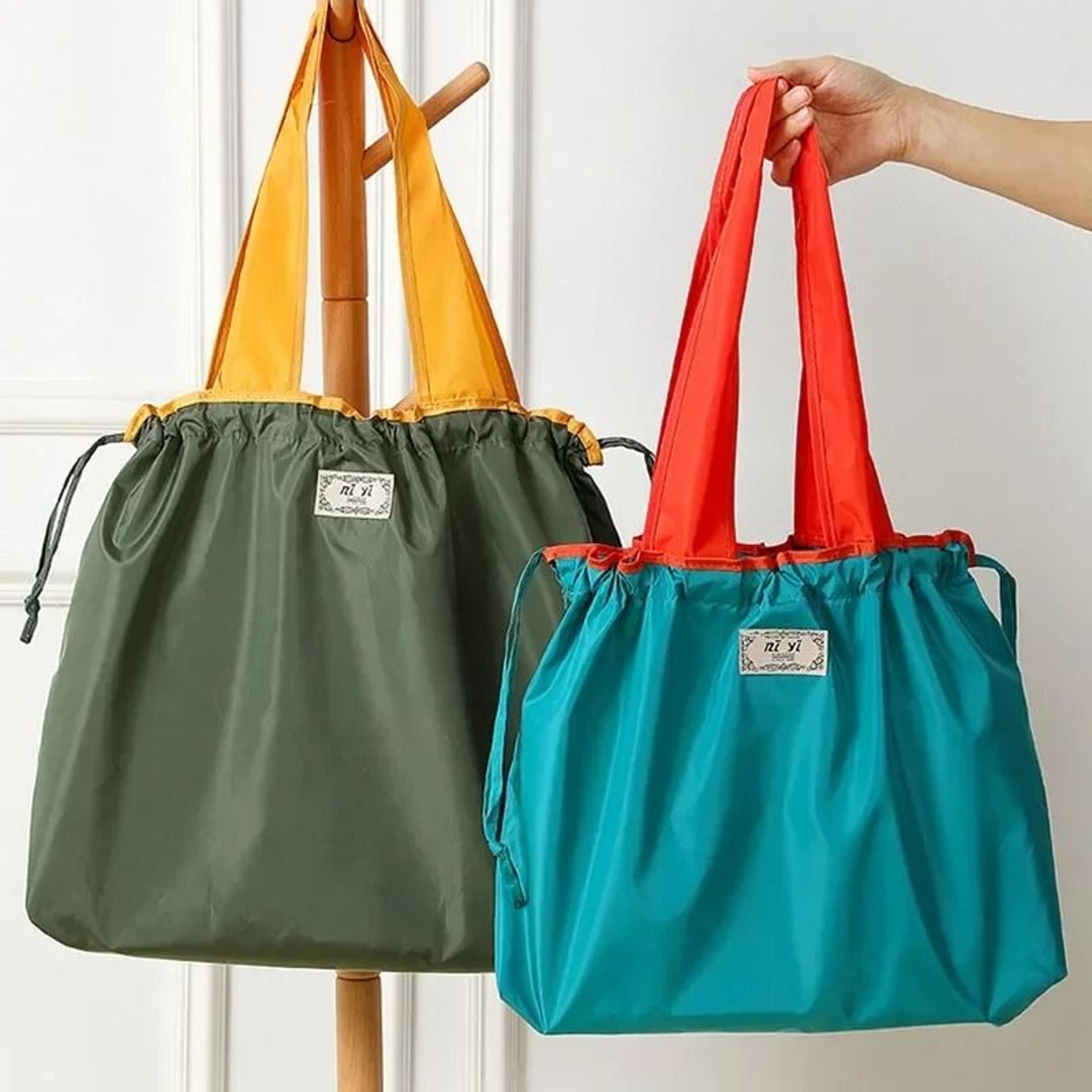 foldable eco friendly reusable grocery shoulder bag with drawstring closure