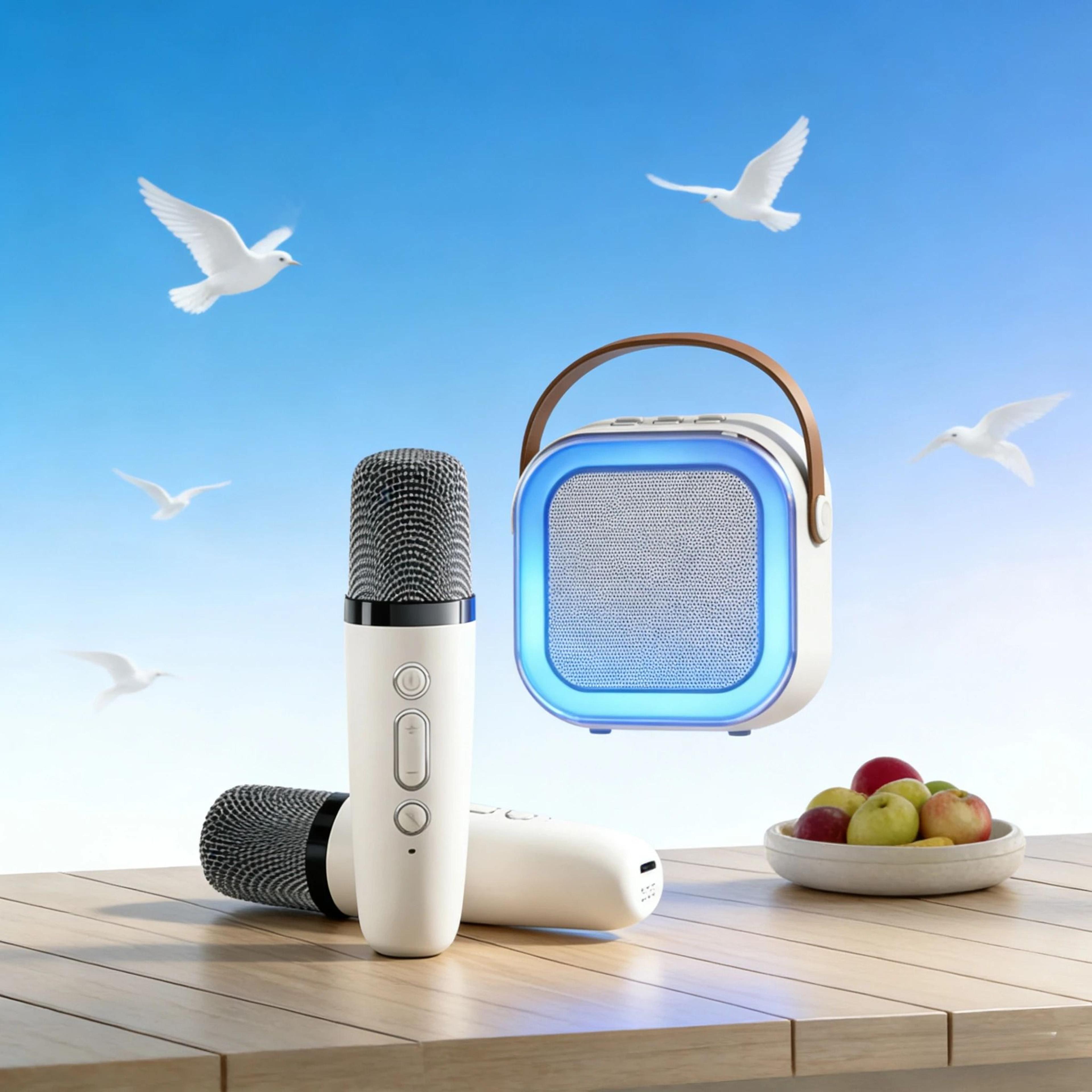 portable bluetooth karaoke machine with wireless microphone and rgb lights for home and travel