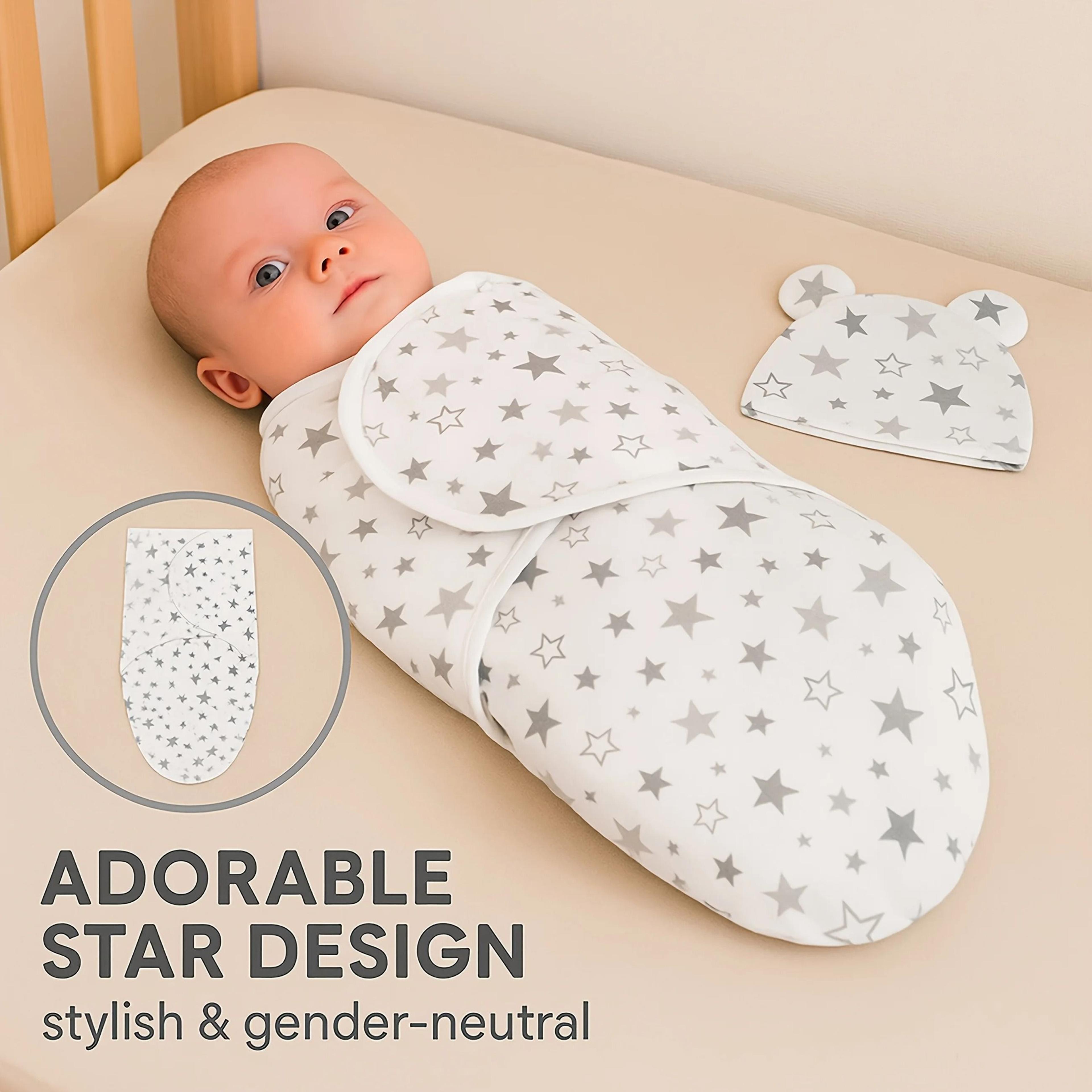 1pc baby swaddle set with hat - ultra-soft gray star, cloud & moon patterns