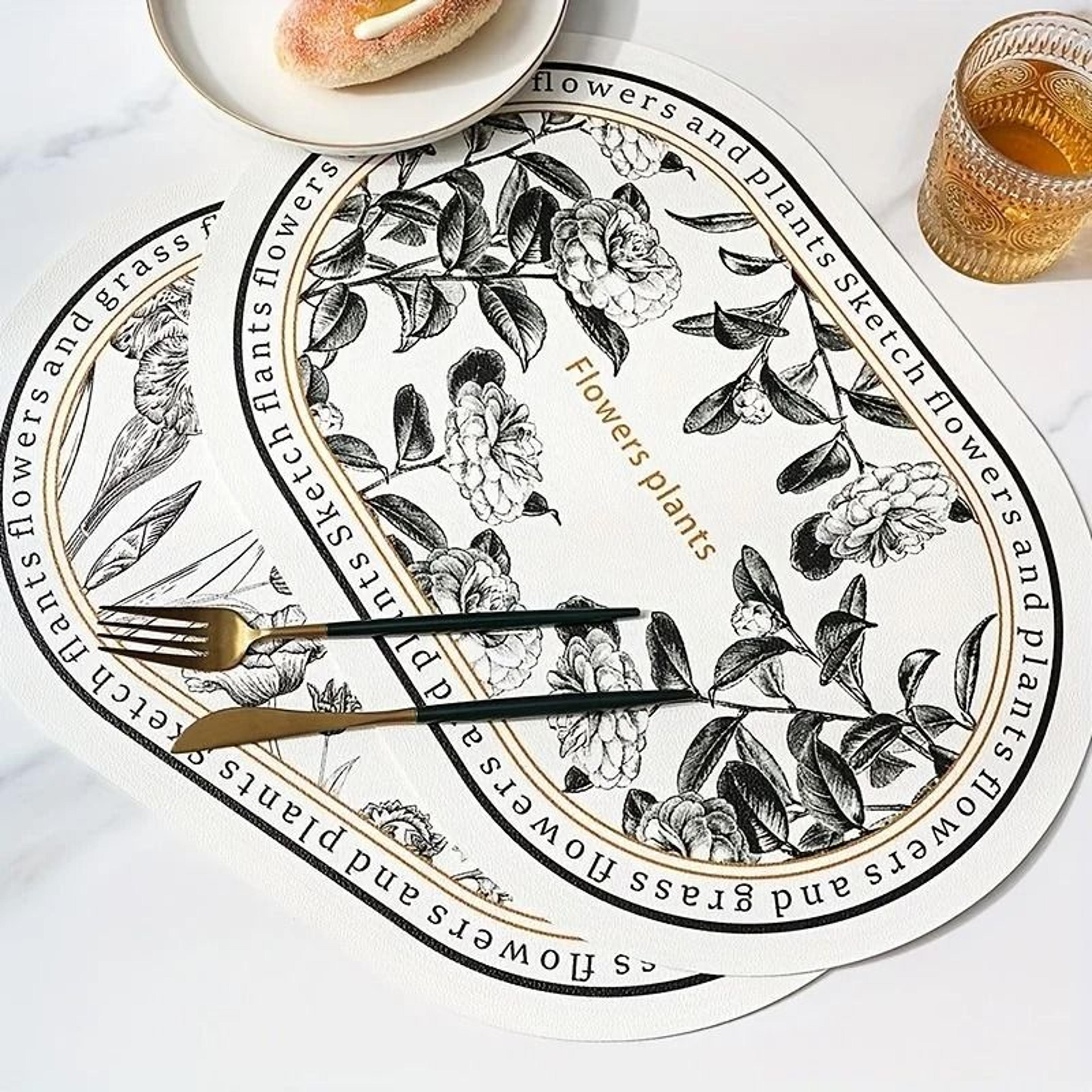 floral elliptical pu leather placemats – waterproof & heat-resistant sketch flower table mats