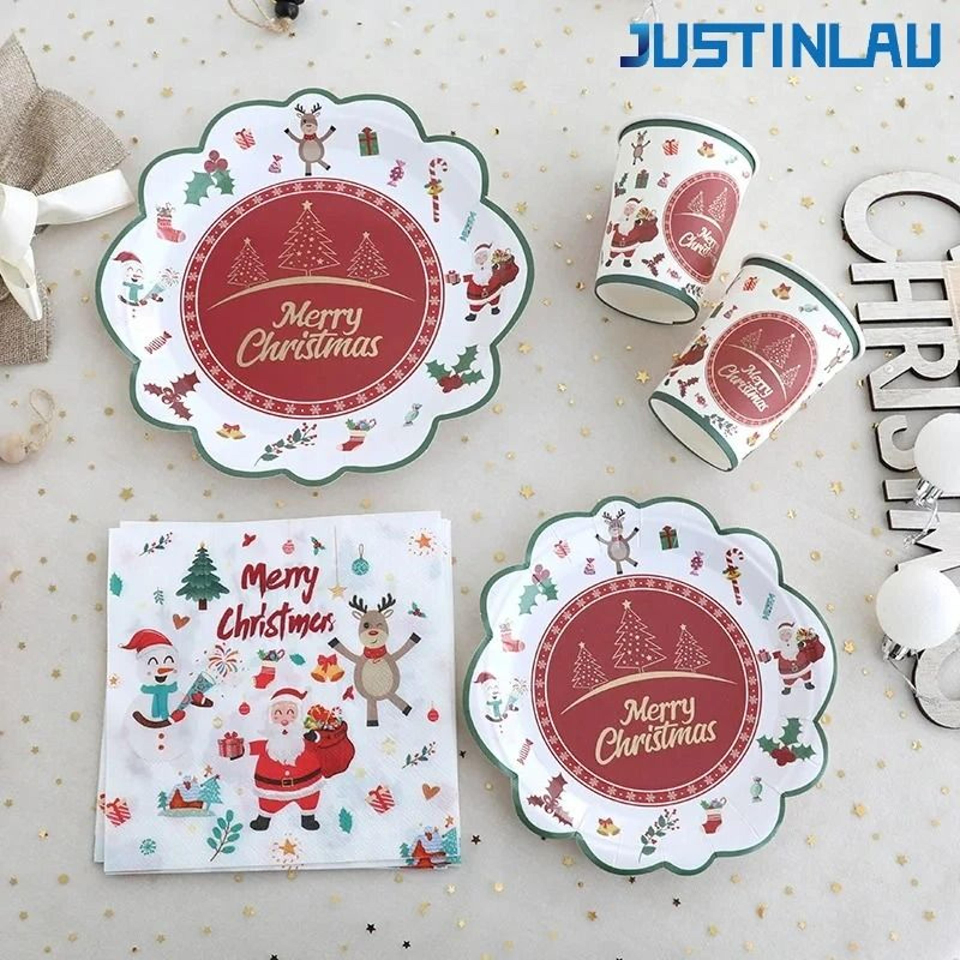 justinlau deluxe christmas cutlery & disposable tableware set – festive plates, cups & decor