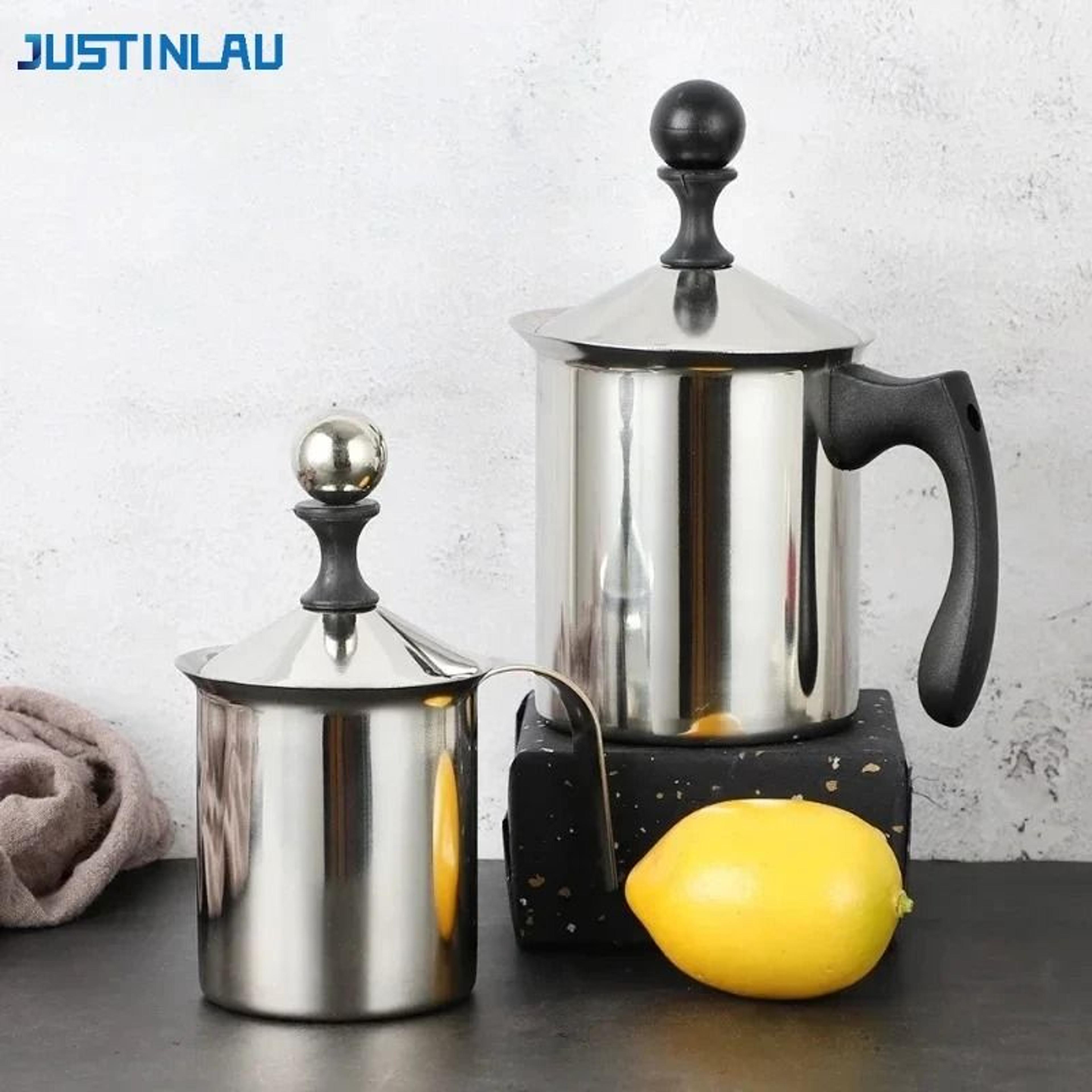 justinlau stainless steel milk frothing pitcher – manual foam maker with double filter screen