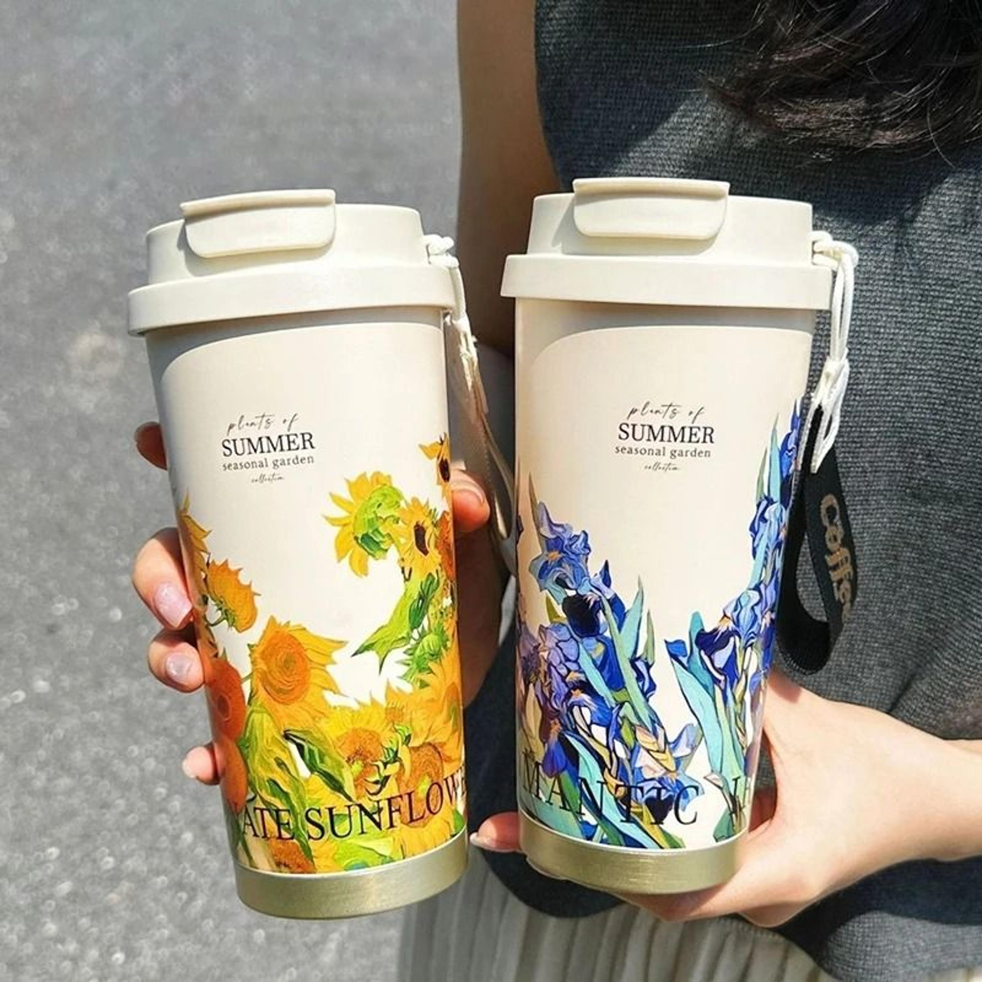 500ml flower pattern insulated coffee cup – stainless steel double-wall vacuum travel mug
