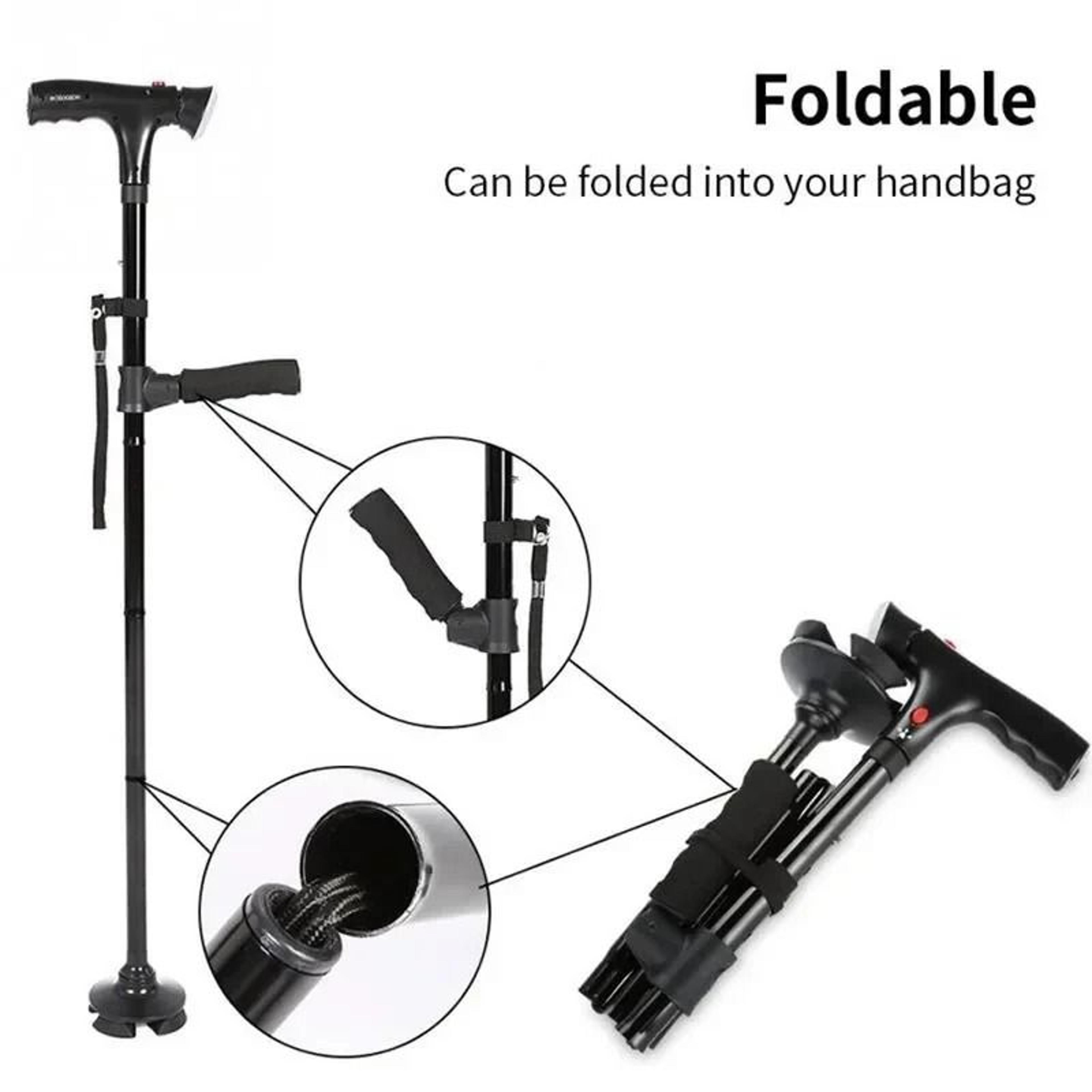 collapsible led safety cane – telescopic folding walking stick with emergency alarm