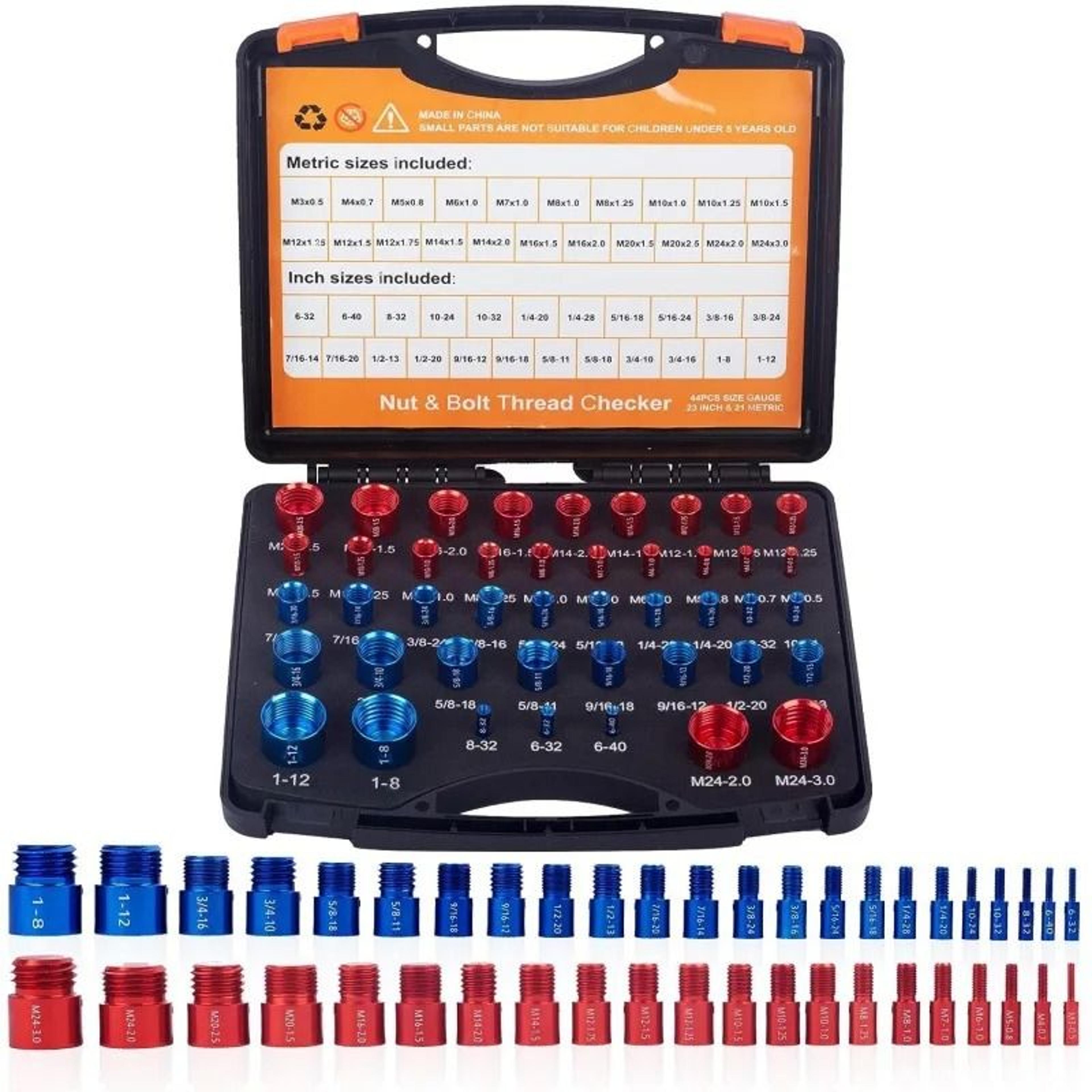 nut bolt thread checker inch metric size identifier male female gauges 26 or 44 piece set for garage and workshop