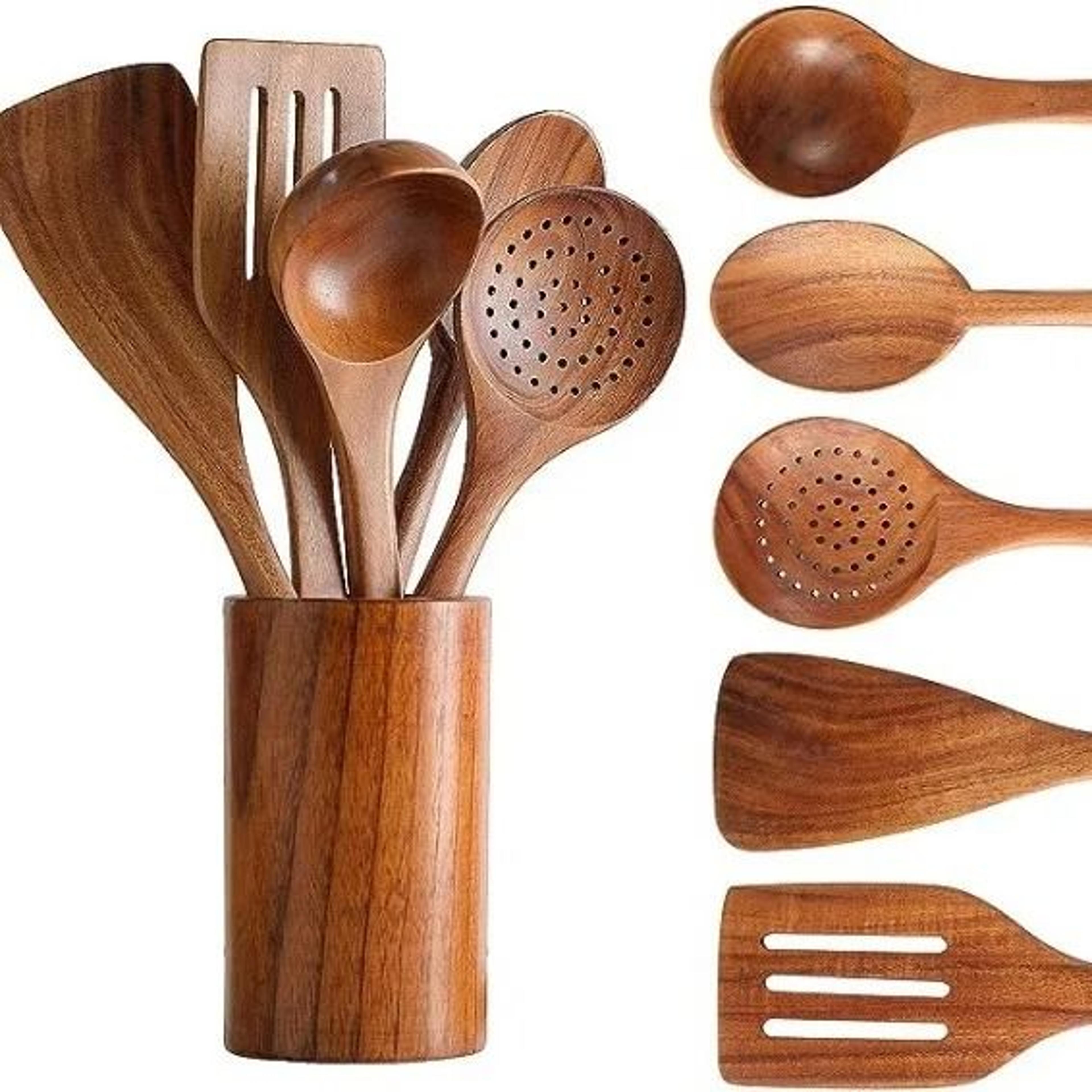 6pcs wood kitchenware cooking spatula and spoon set with storage bucket