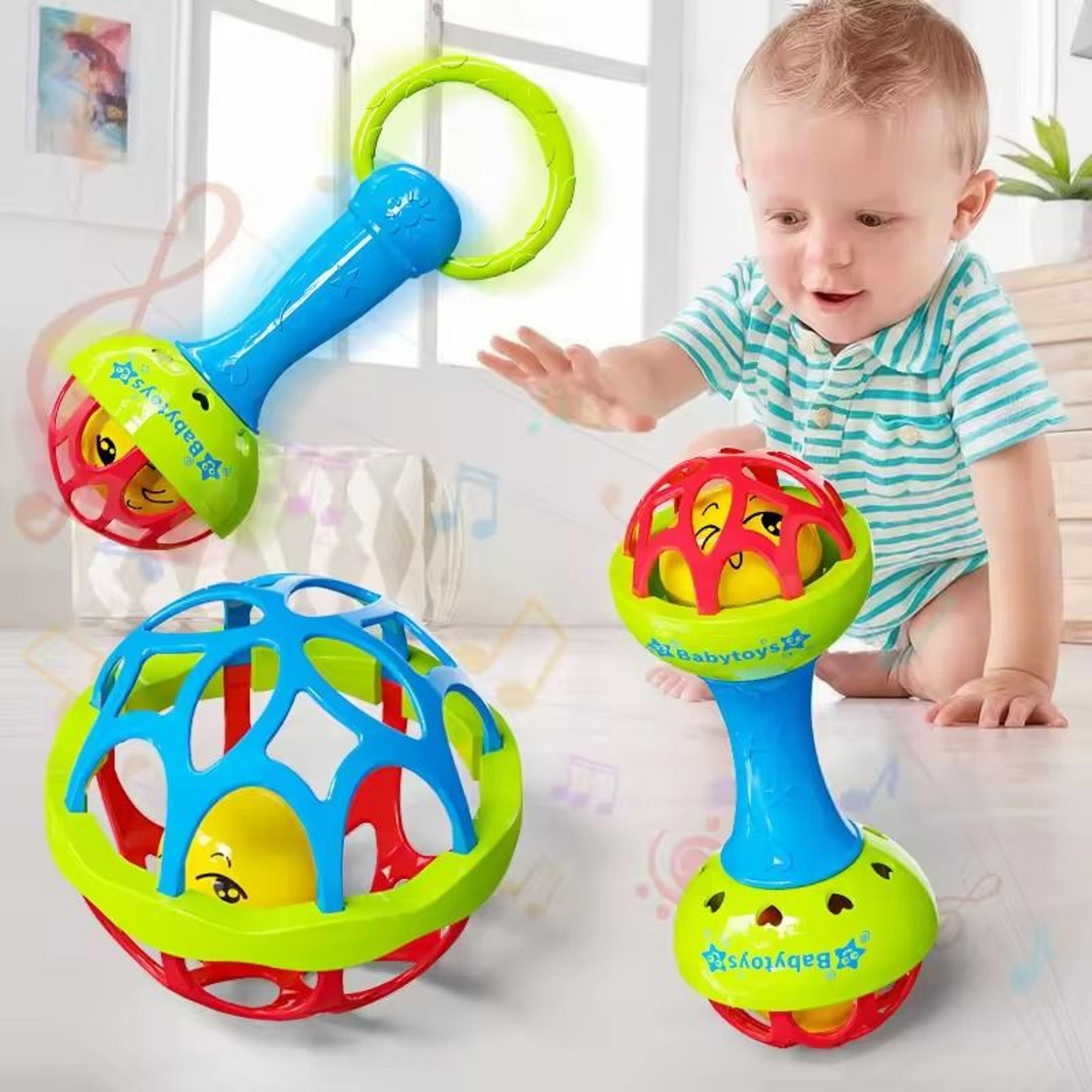 drum, bell, and ball rattle toy set