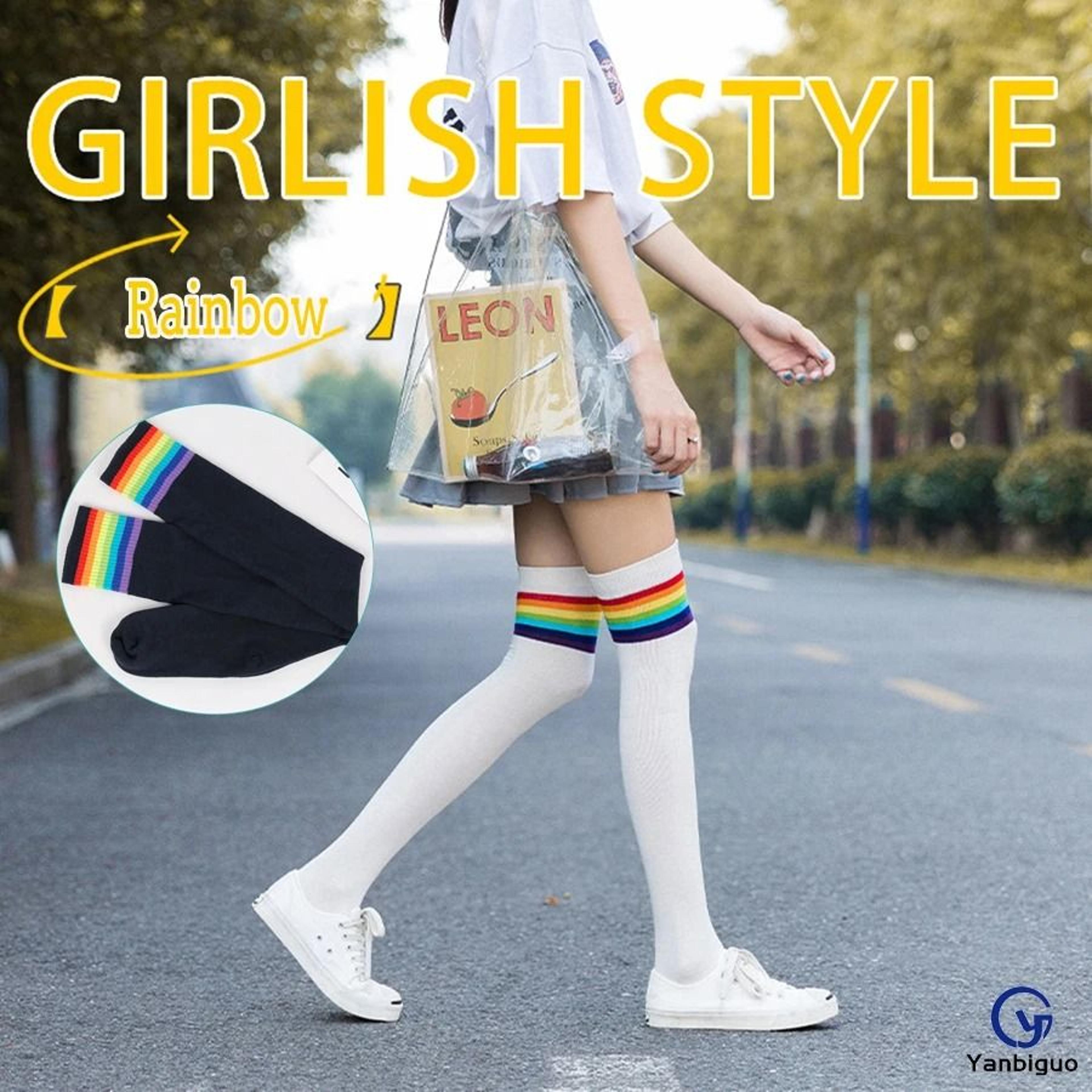 over-knee rainbow knit thigh high socks